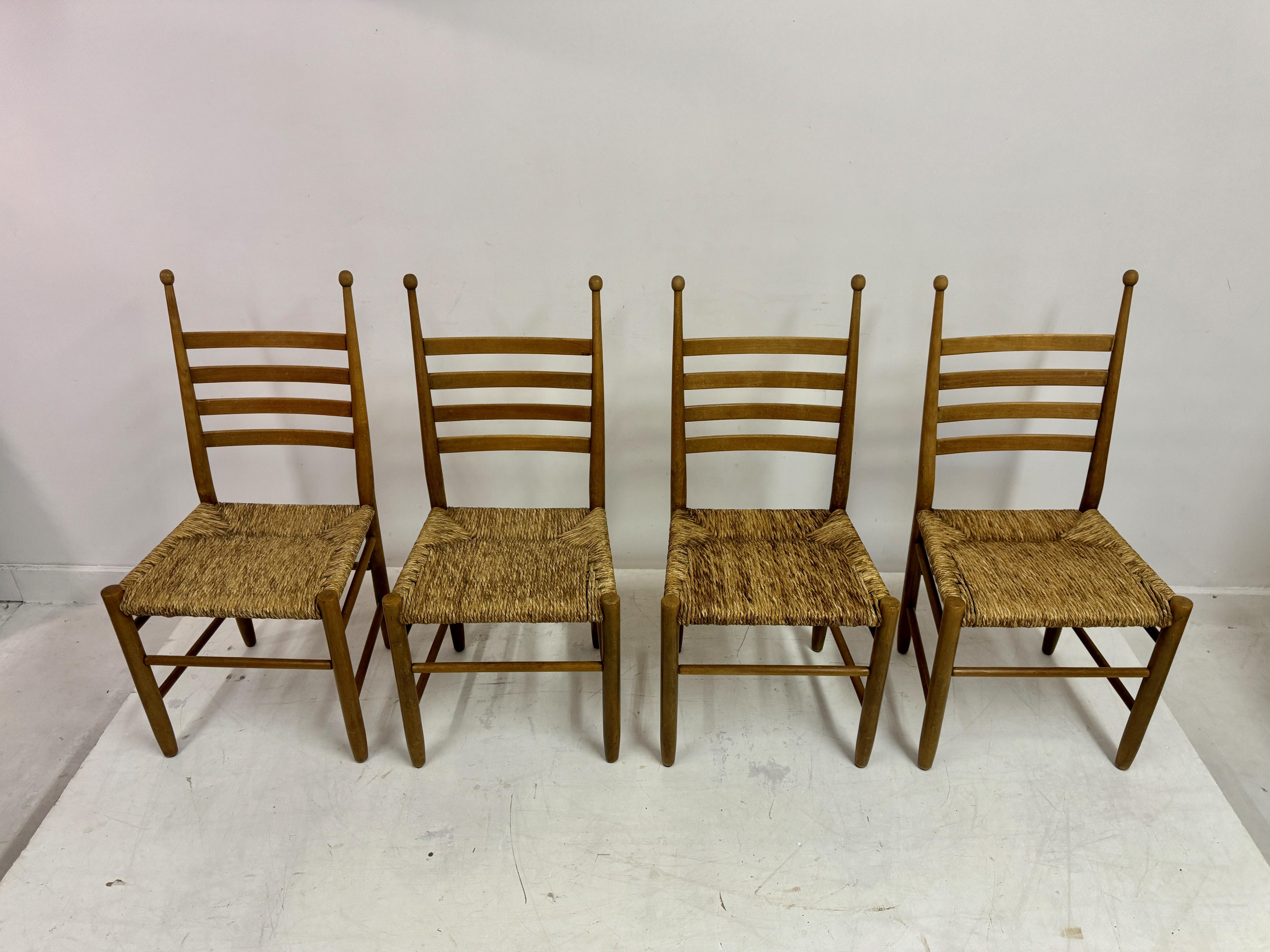 Dutch Set of Four 1960s Beech and Rush Dining Chairs For Sale