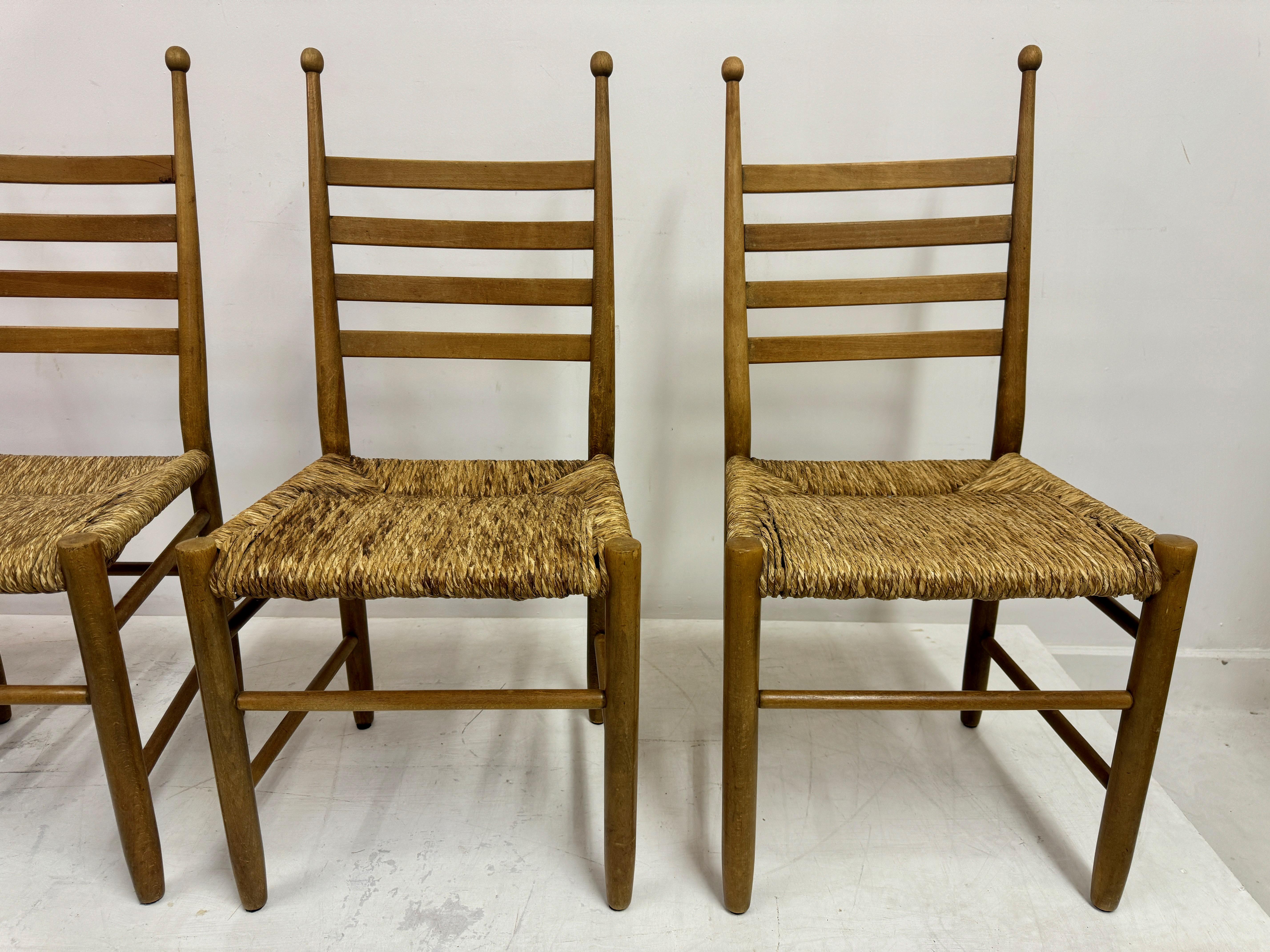 20th Century Set of Four 1960s Beech and Rush Dining Chairs For Sale