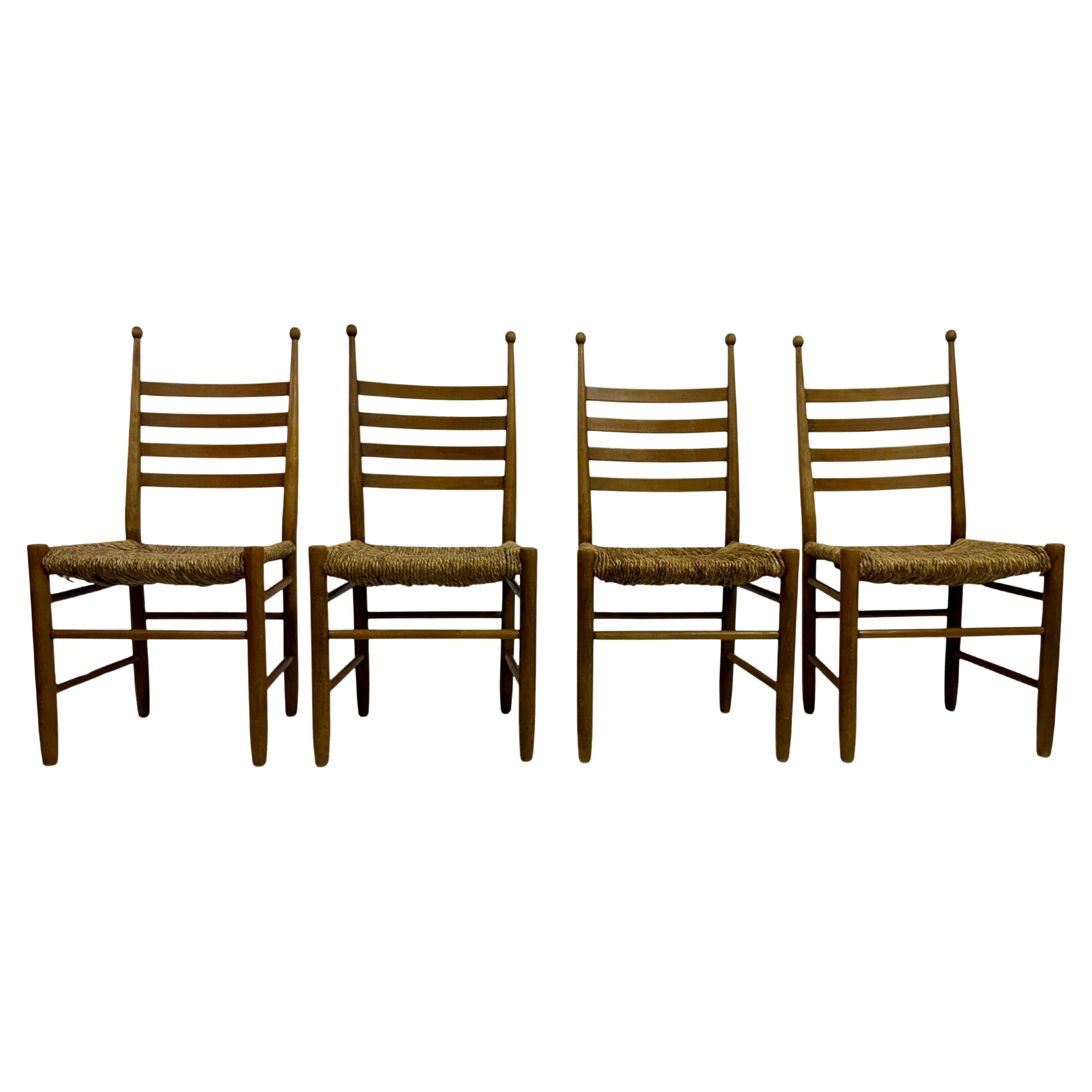 Set of Four 1960s Beech and Rush Dining Chairs For Sale