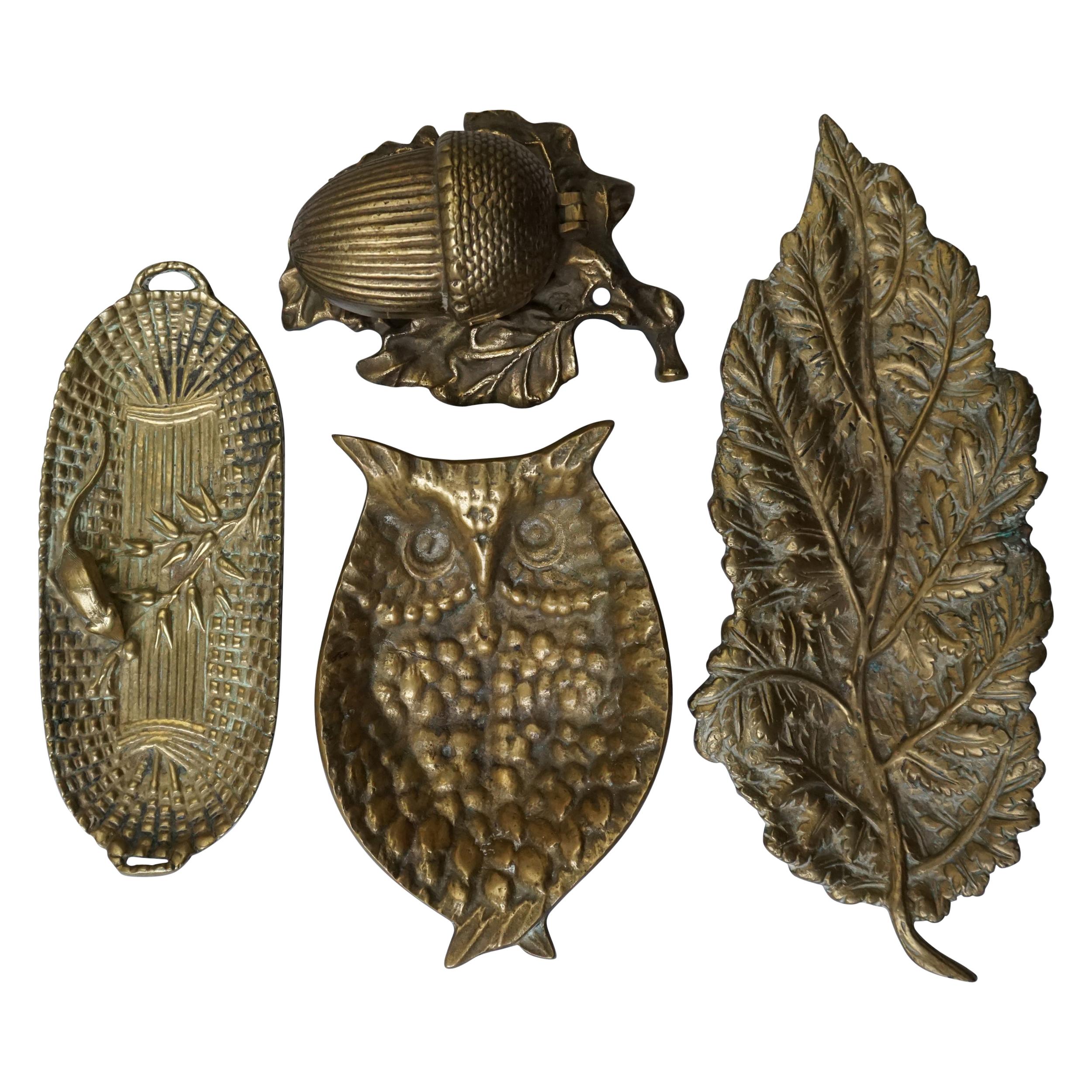 Set of Four 1960s Brass Trinket Dishes Vide Poche, Acorn, Leaf, Owl, Basket For Sale