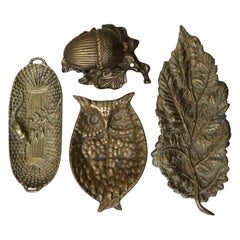 Vintage Set of Four 1960s Brass Trinket Dishes Vide Poche, Acorn, Leaf, Owl, Basket