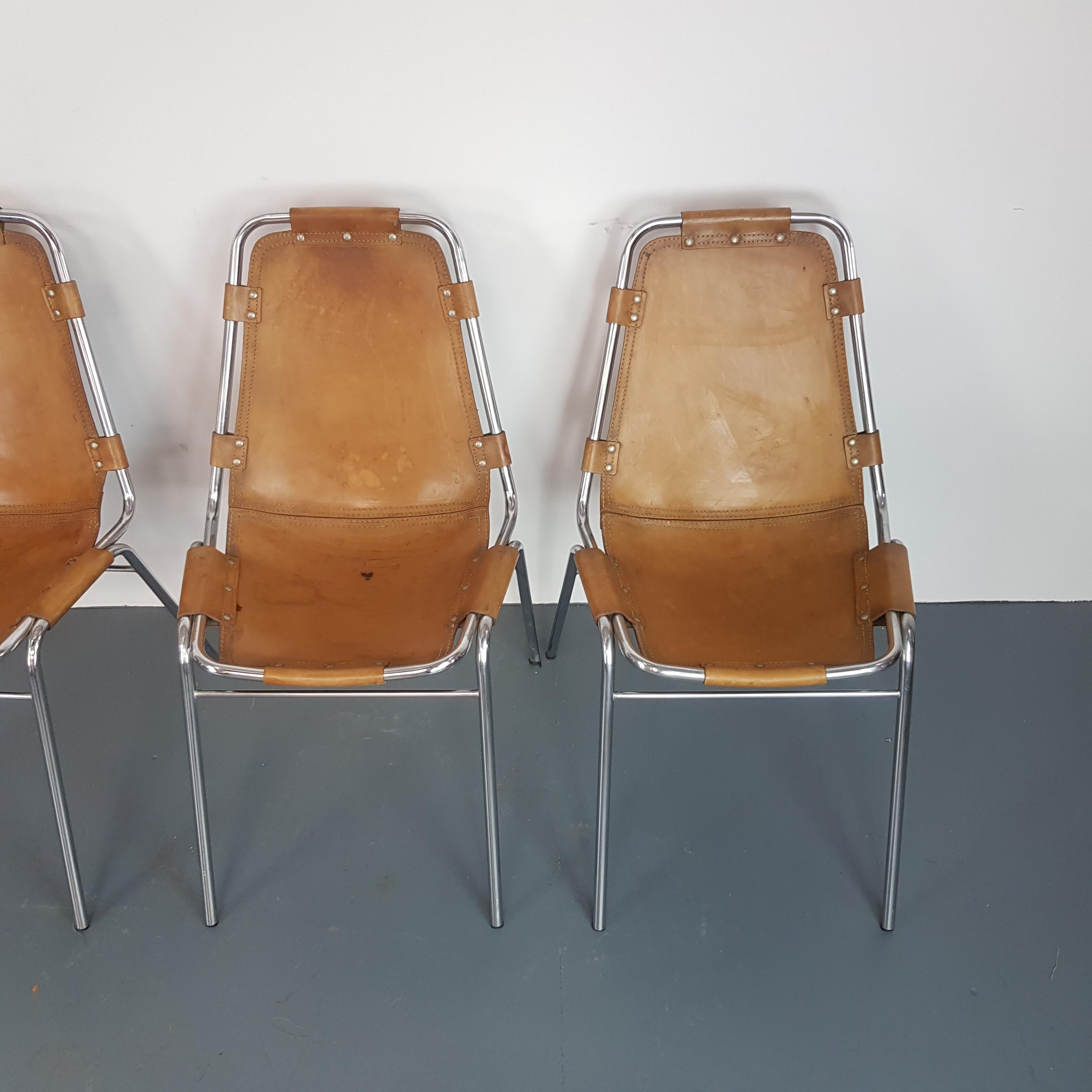 French Set OF Four 1960s Brown Leather Charlotte Perriand Les Arcs Chairs   For Sale