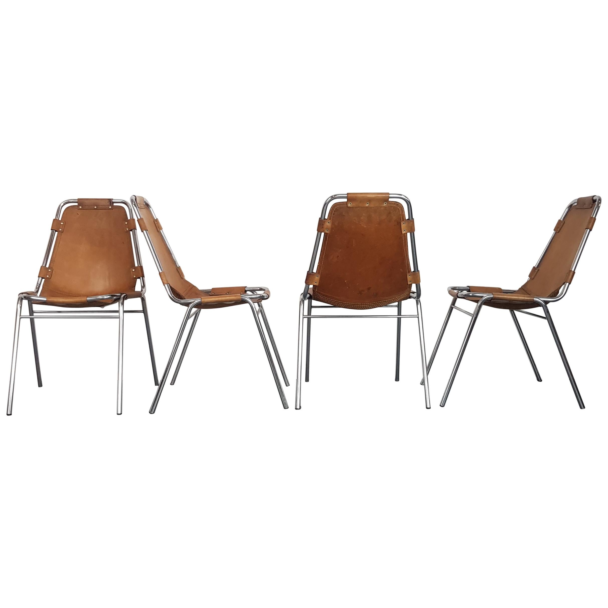 Set OF Four 1960s Brown Leather Charlotte Perriand Les Arcs Chairs   For Sale