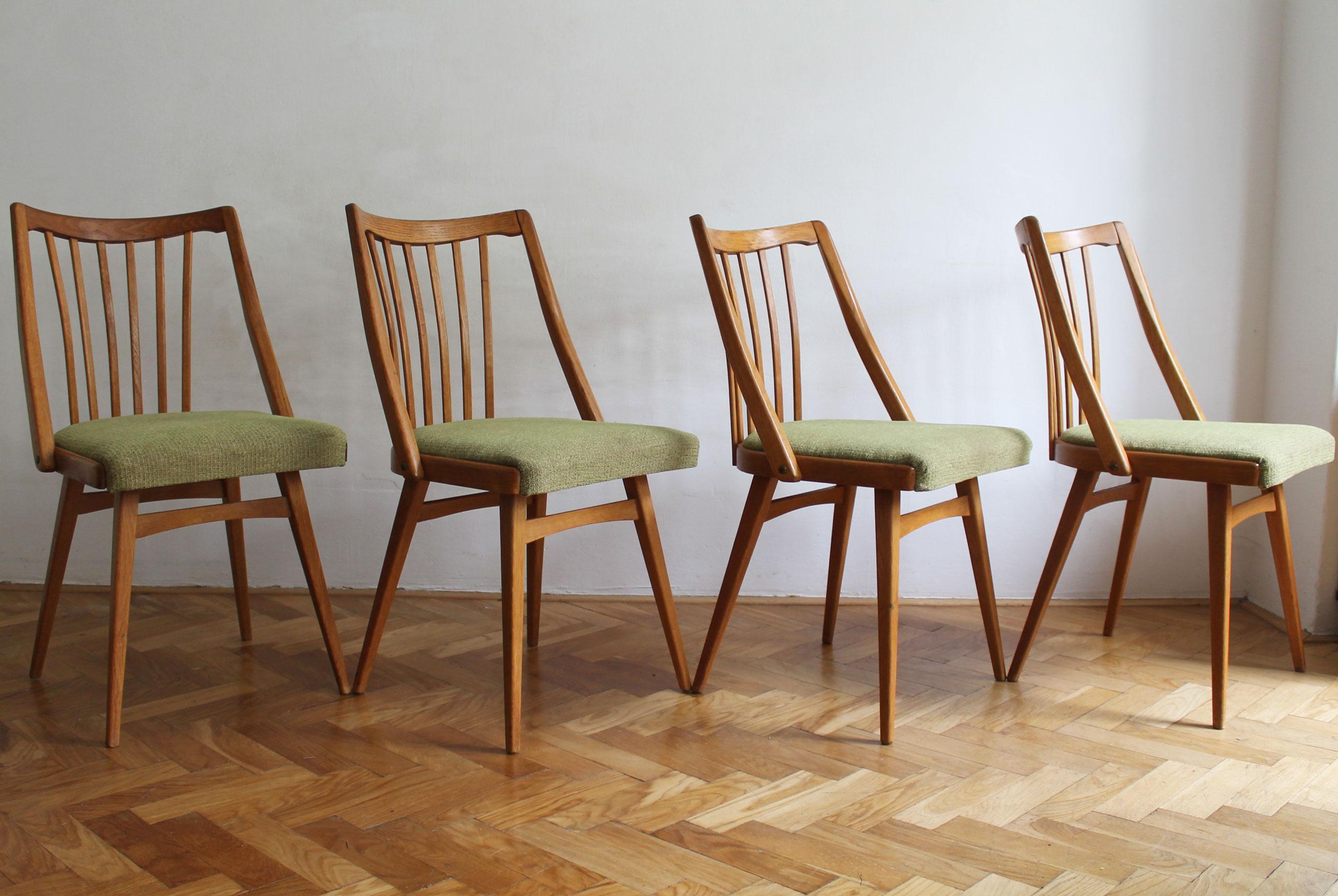This is a set of four chairs designed by Antonin Suman and produced by TON Furniture Factory, Czechoslovaka in 1962 as model No. 301.

Antonin Suman (1924-1998) was one of the most talented and prolific Czech furniture designers of the second half
