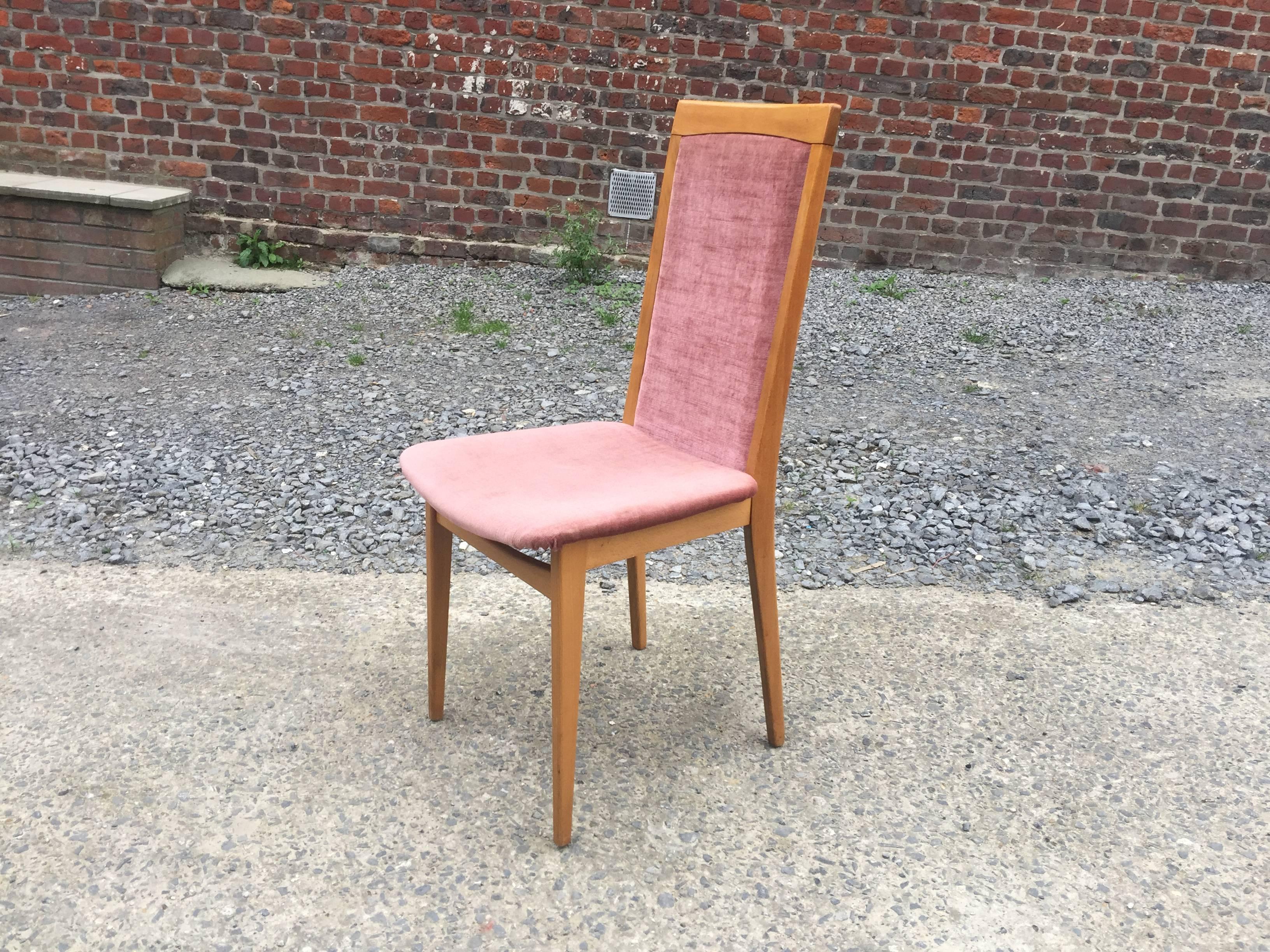 European Set of Four 1960s Chairs in Beech and Velvet For Sale