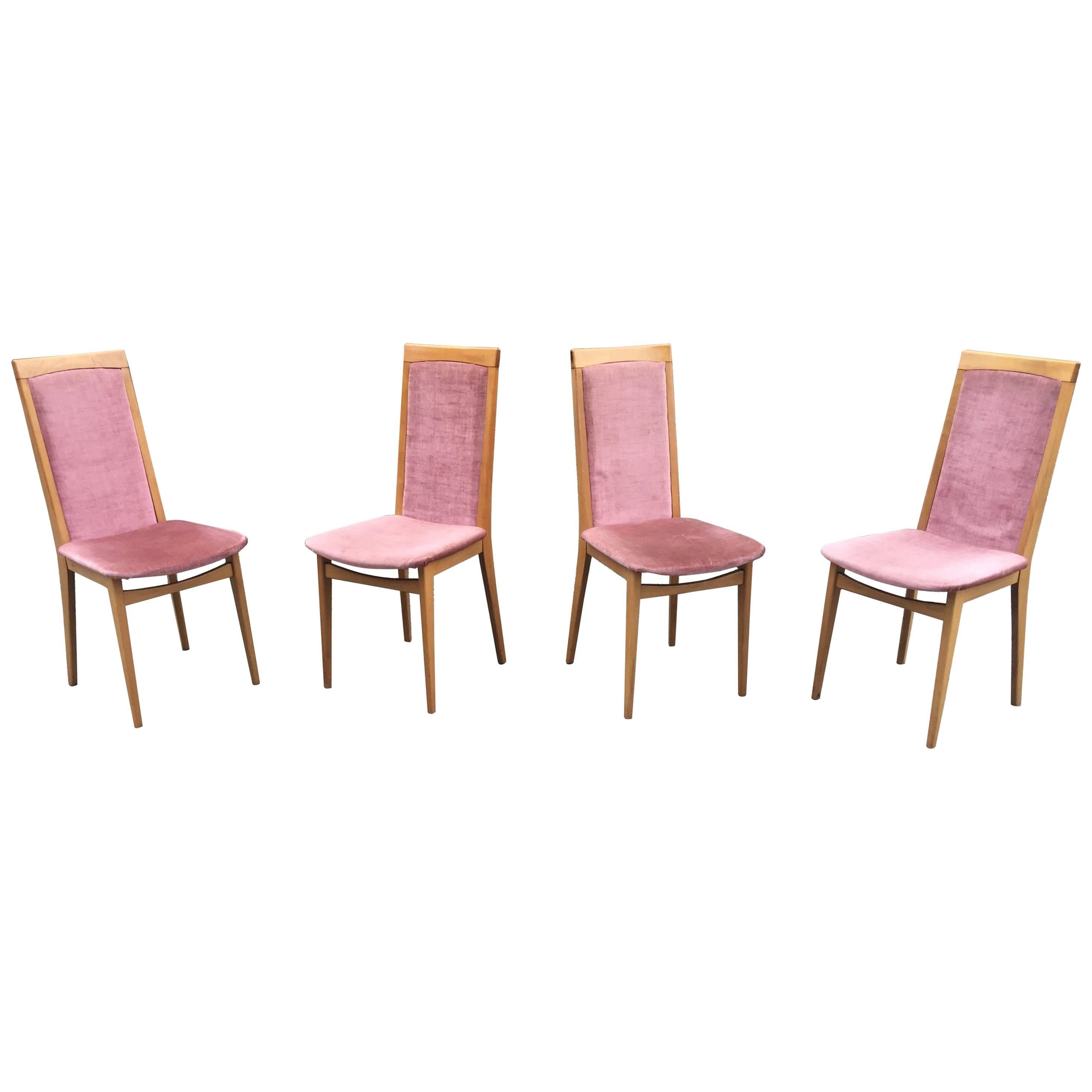 Set of Four 1960s Chairs in Beech and Velvet