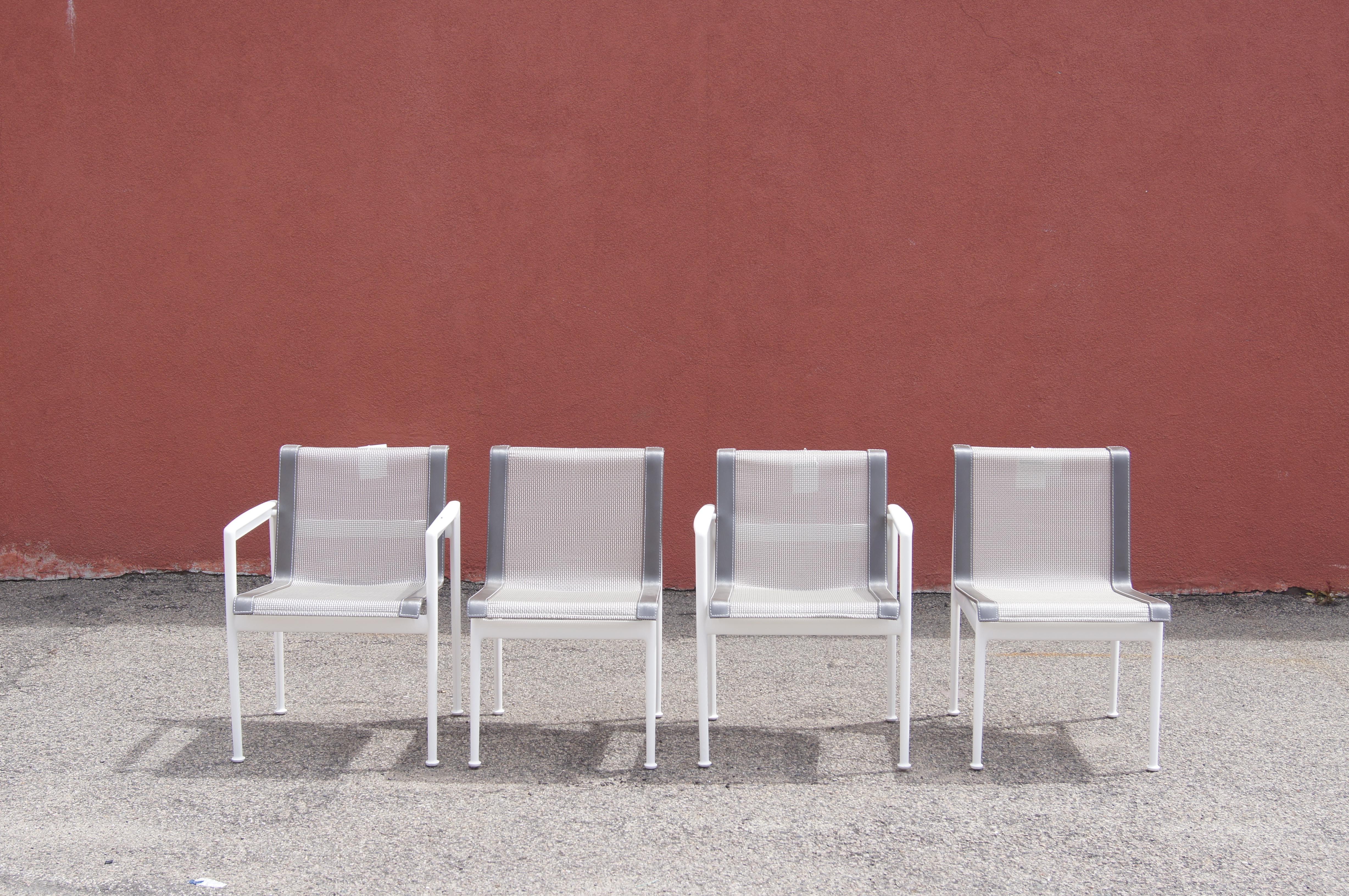 Originally designed by Richard Schultz for Florence Knoll, these later productions of his classic 1966 outdoor chairs were produced by Richard Schultz Designs just after the company was purchased by Knoll. 

The white powdered-coated aluminum frames