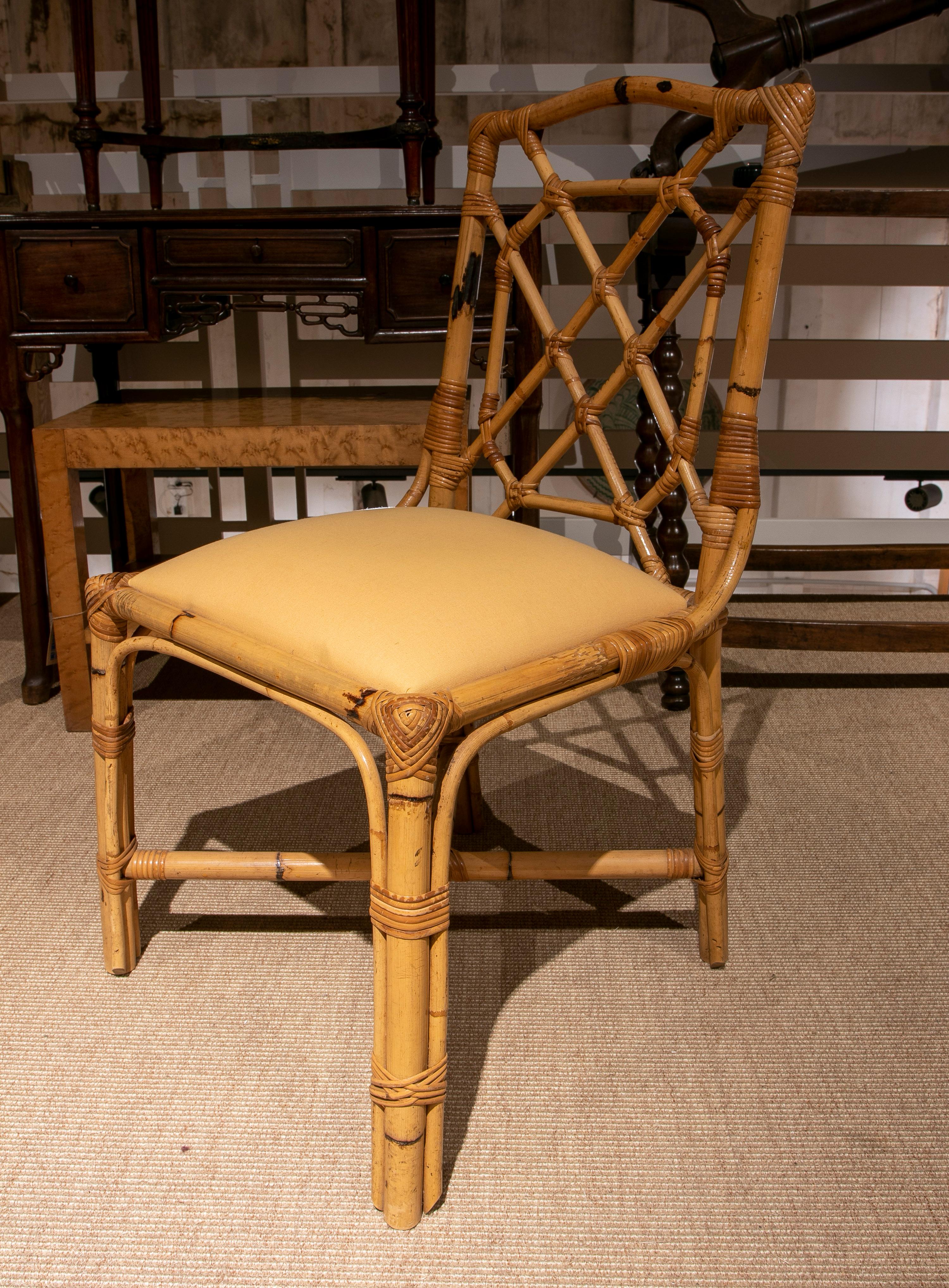20th Century Set of Four 1970s English Bamboo Chairs w/ Fabric Upholstered Seats For Sale
