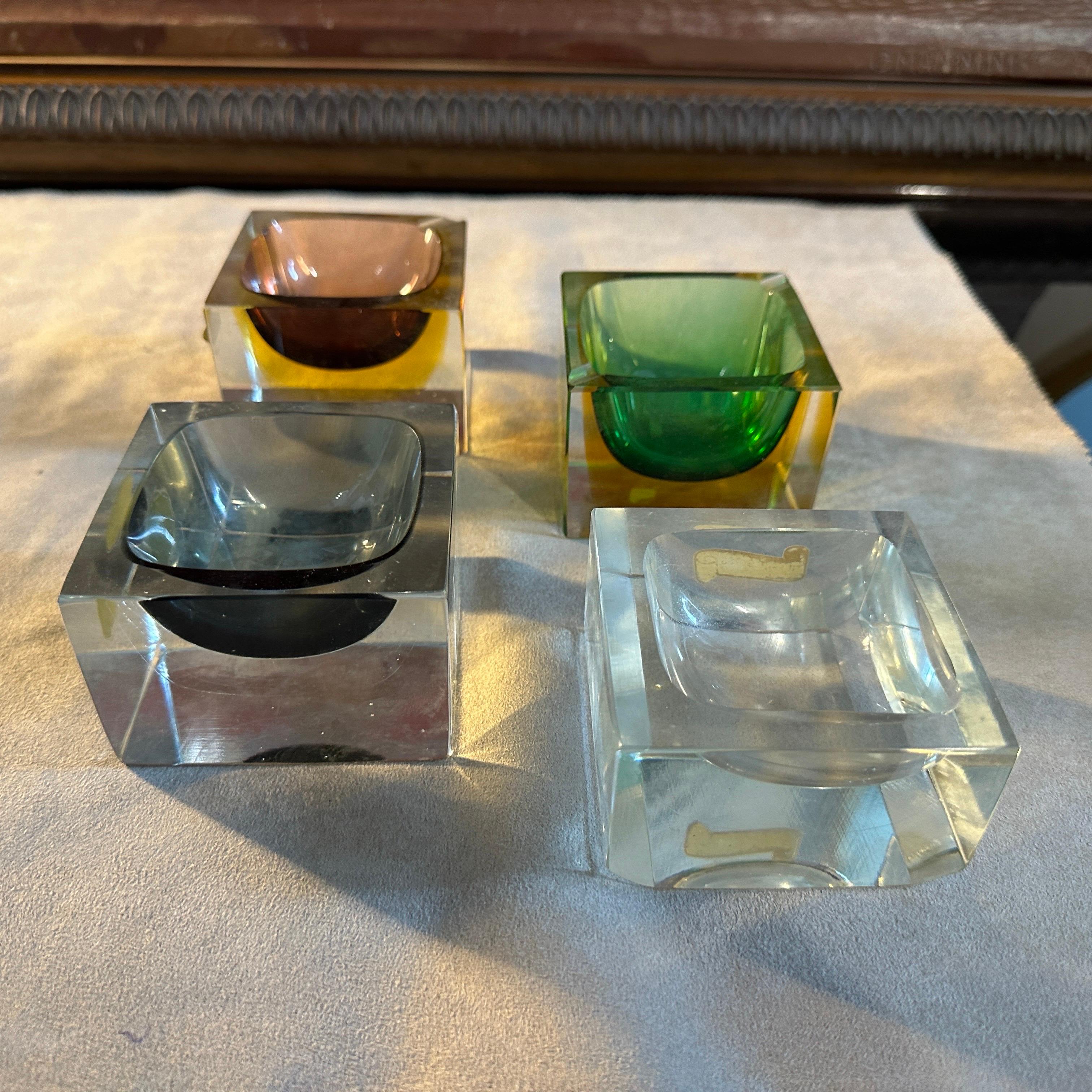 Hand-Crafted Set of Four 1970s Modernist Sommerso Murano Glass Square Ashtrays