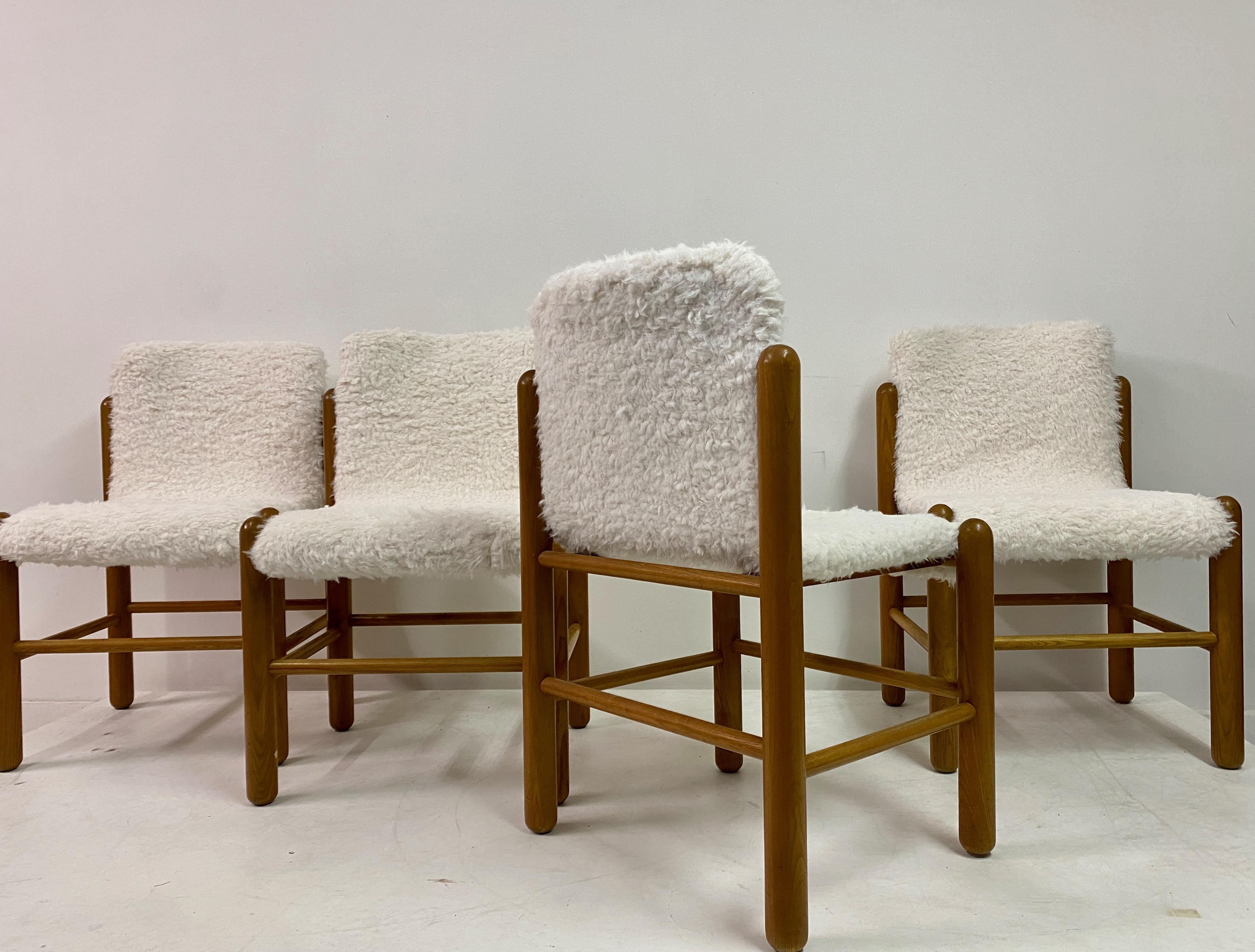 Set of Four 1970s Pine Dining Chairs with Faux Fur 5