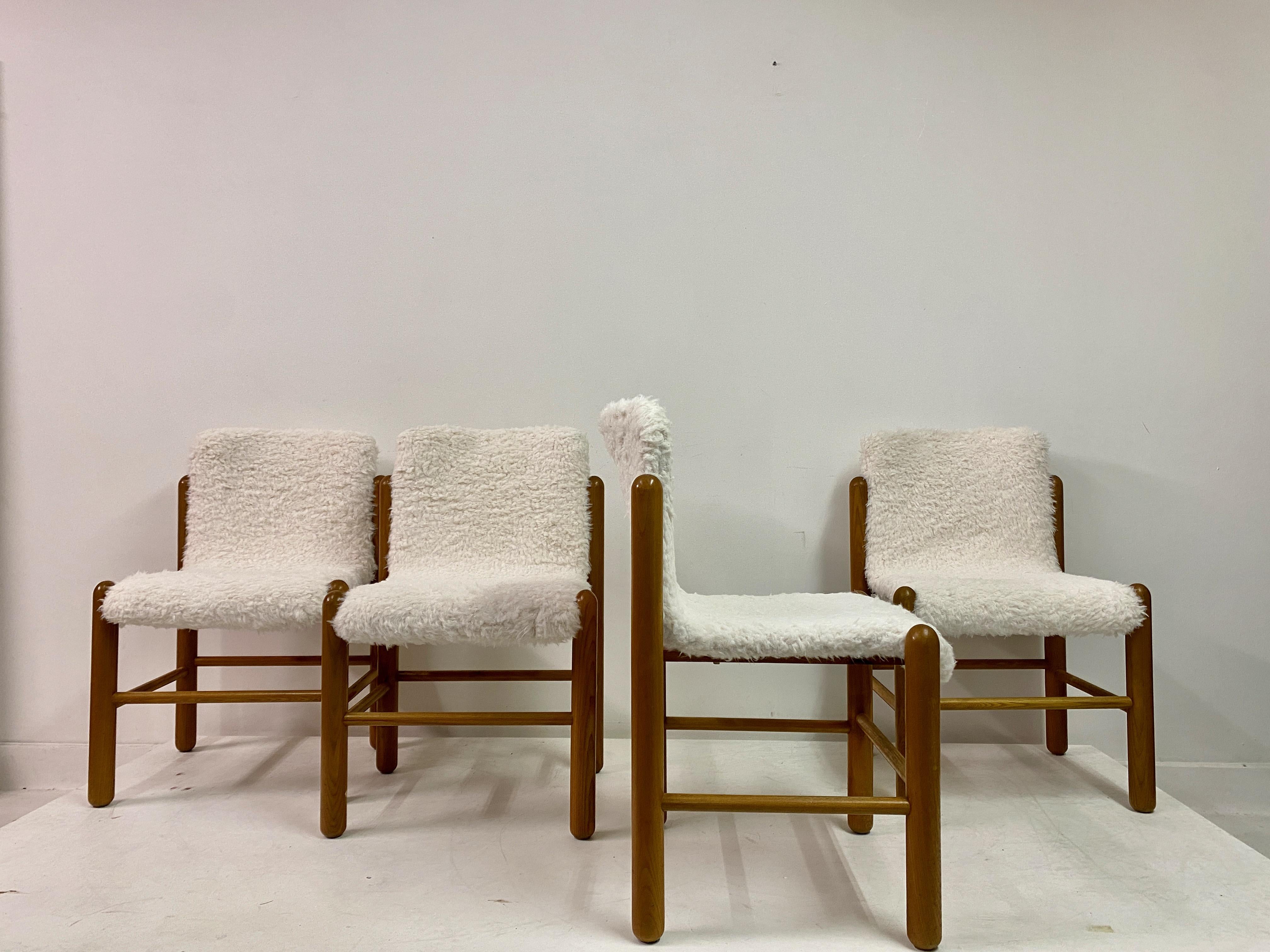 Set of Four 1970s Pine Dining Chairs with Faux Fur 6