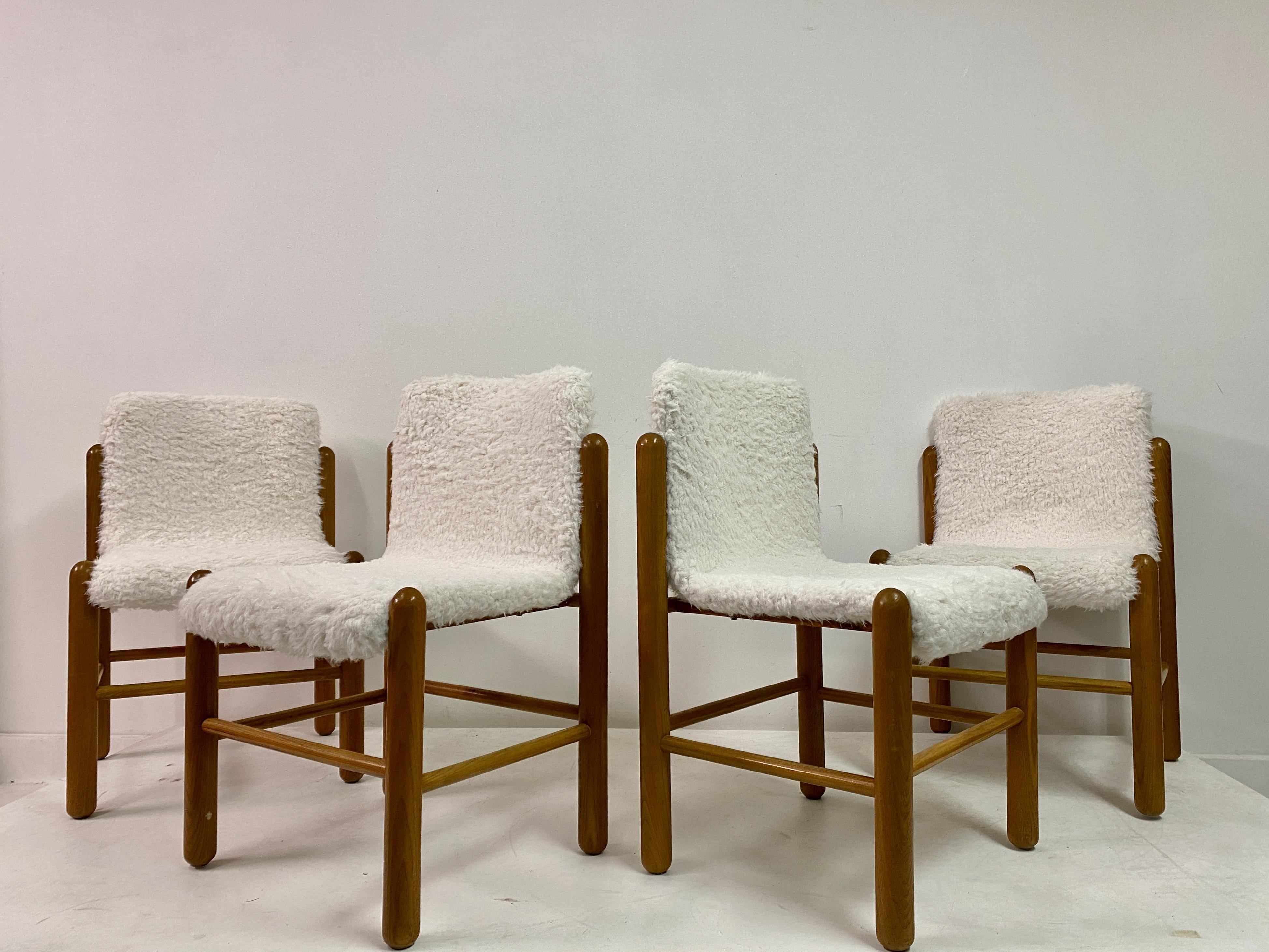 Set of Four 1970s Pine Dining Chairs with Faux Fur 7