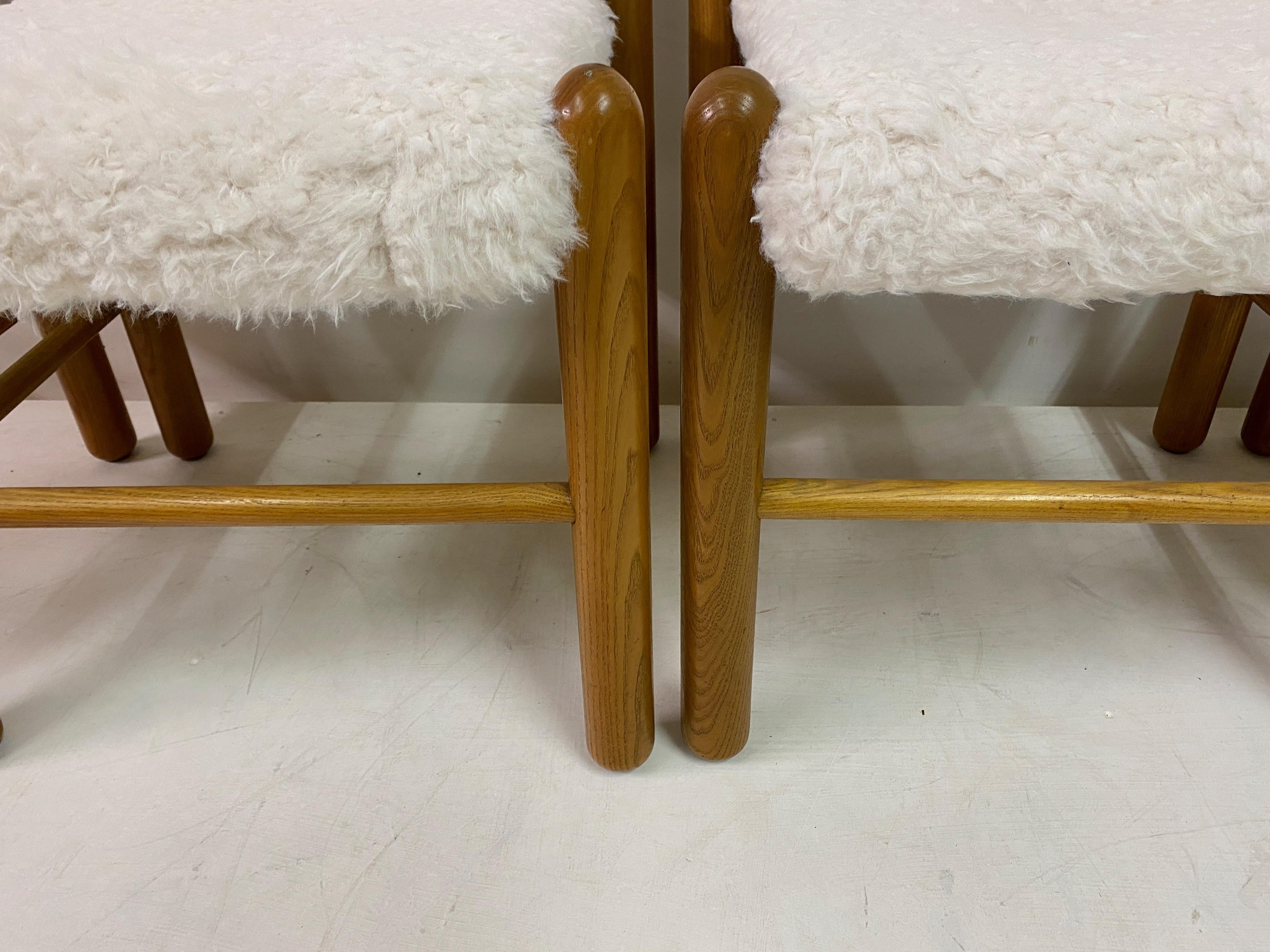 Italian Set of Four 1970s Pine Dining Chairs with Faux Fur