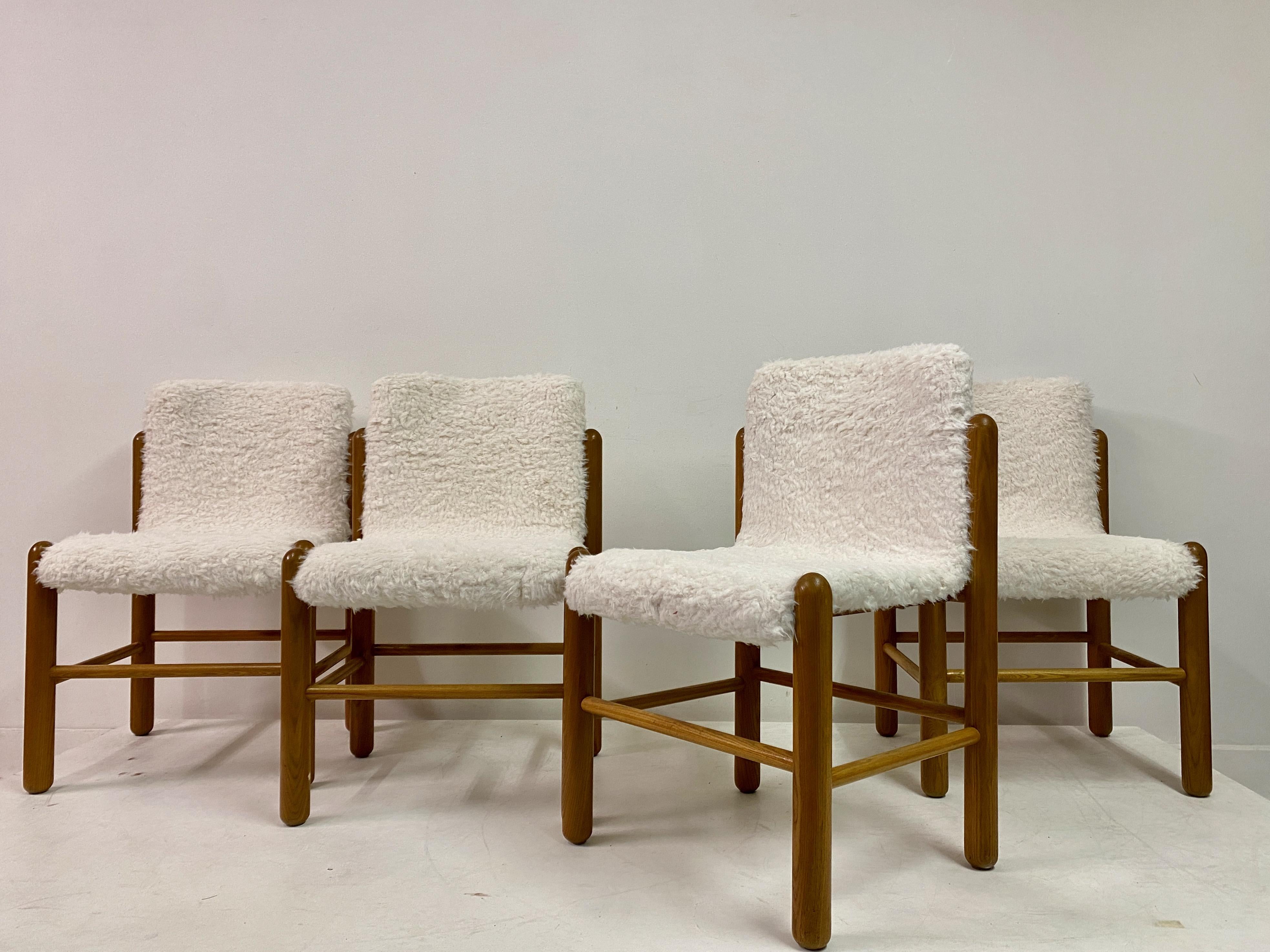 Set of Four 1970s Pine Dining Chairs with Faux Fur In Good Condition In London, London