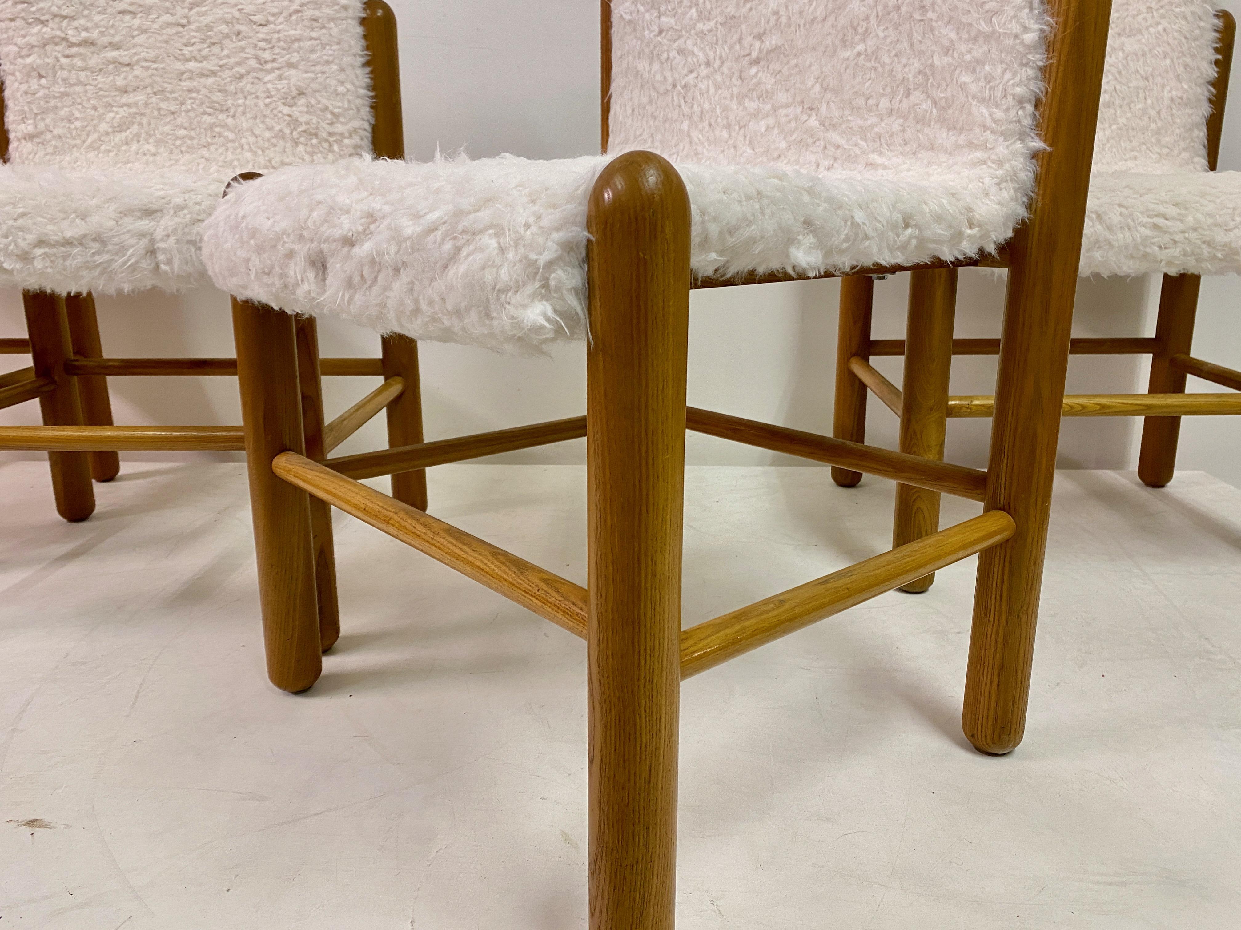 20th Century Set of Four 1970s Pine Dining Chairs with Faux Fur