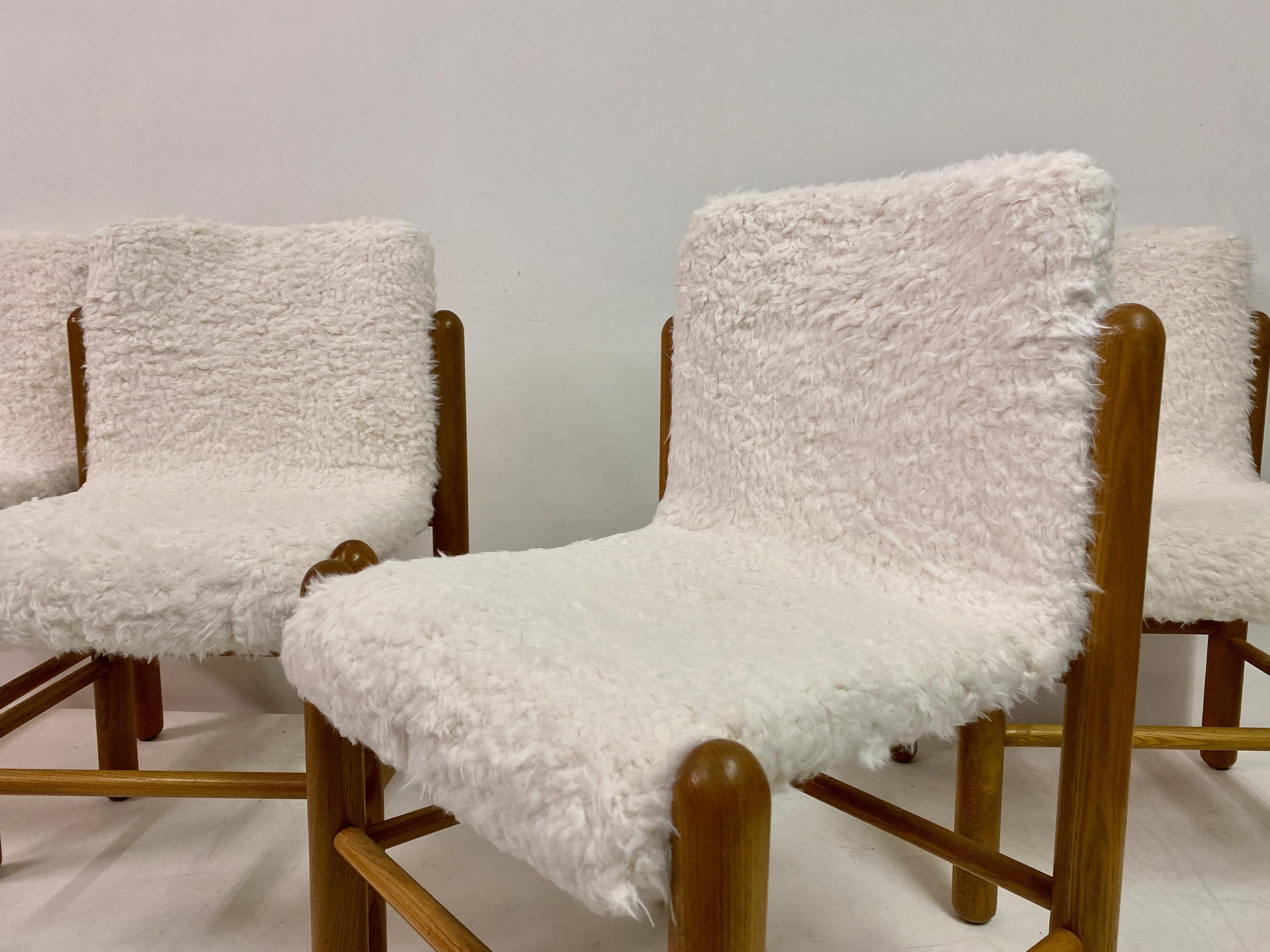 Set of Four 1970s Pine Dining Chairs with Faux Fur 1