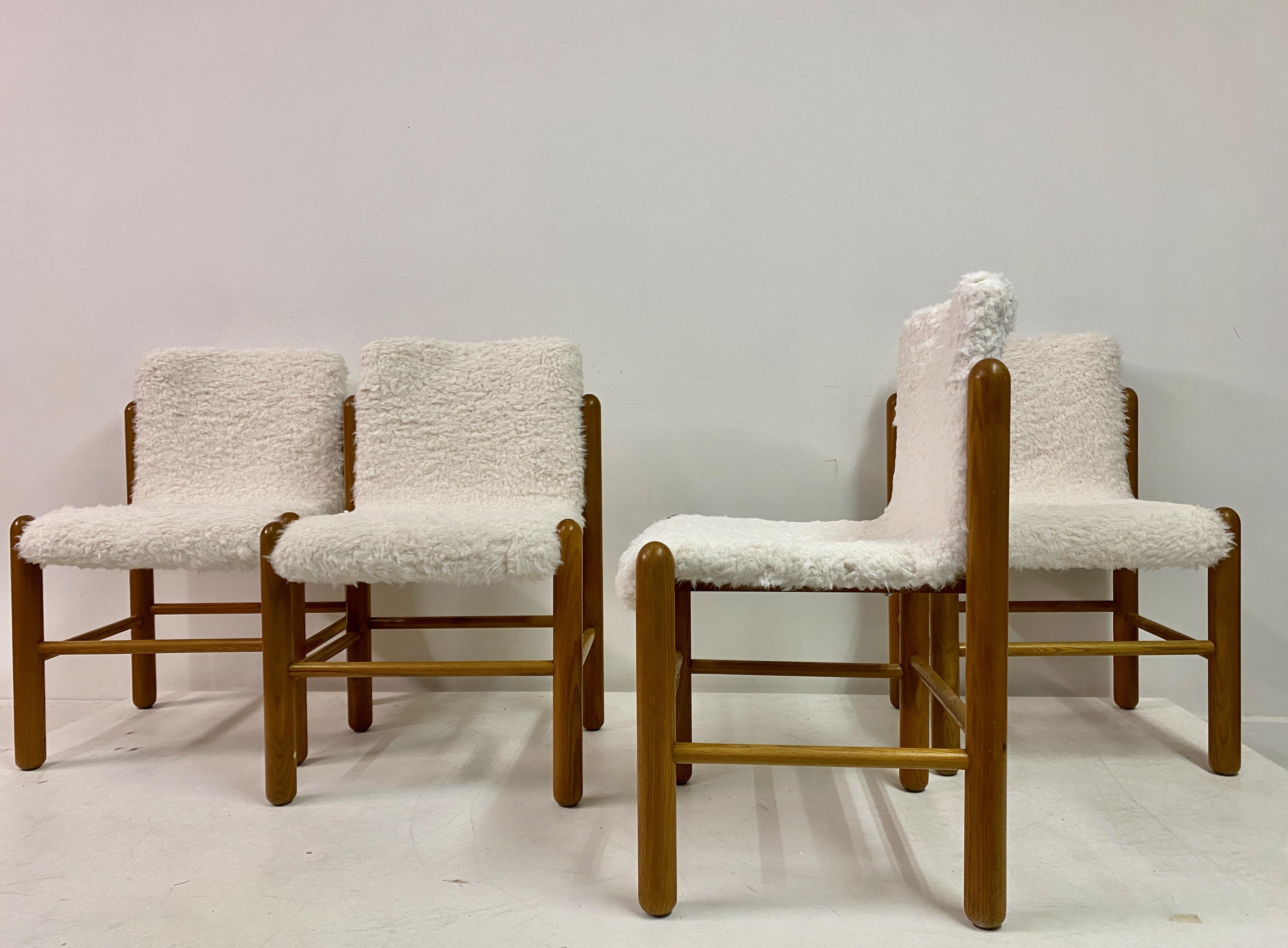 Set of Four 1970s Pine Dining Chairs with Faux Fur 2