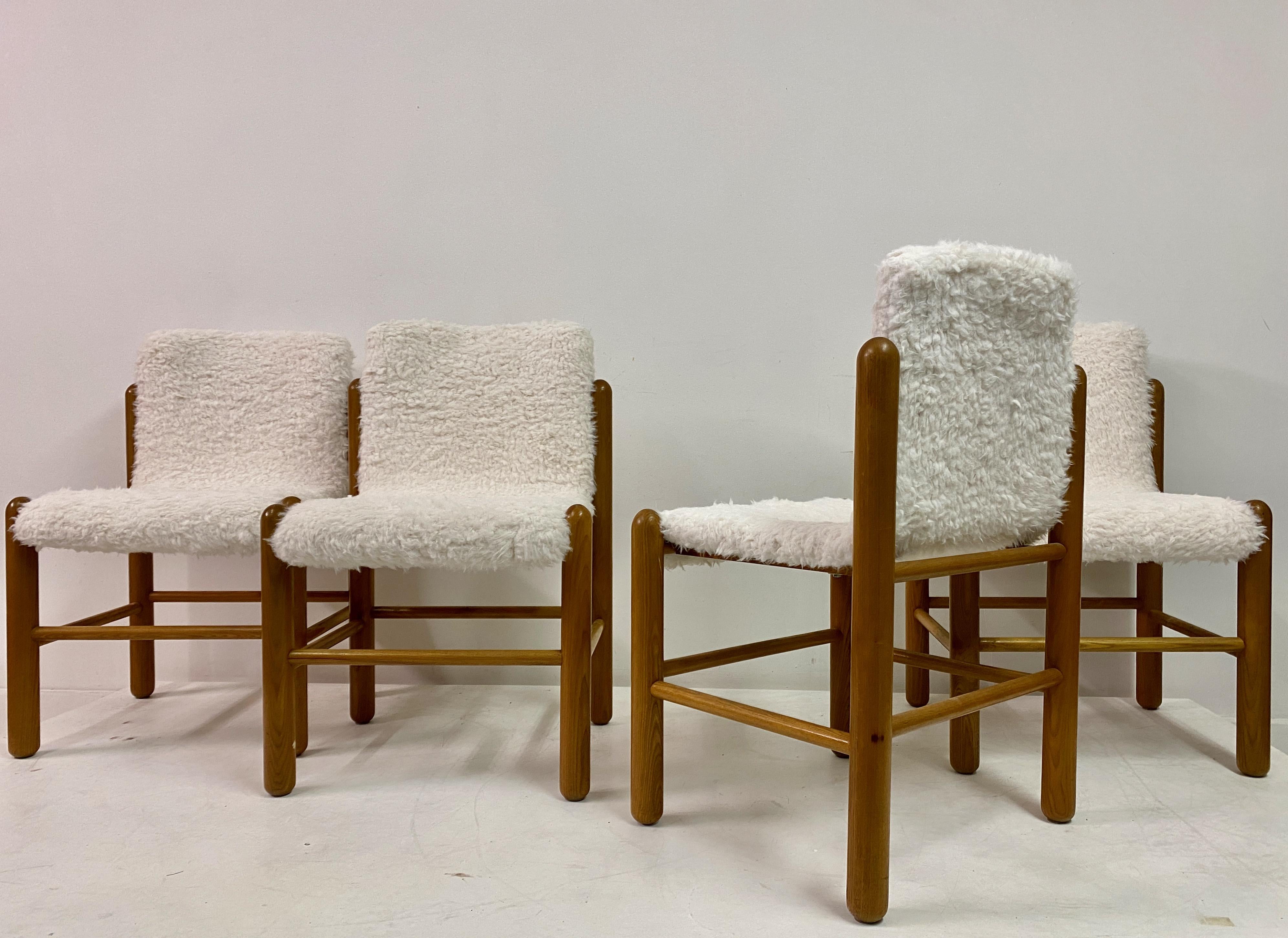Set of Four 1970s Pine Dining Chairs with Faux Fur 3