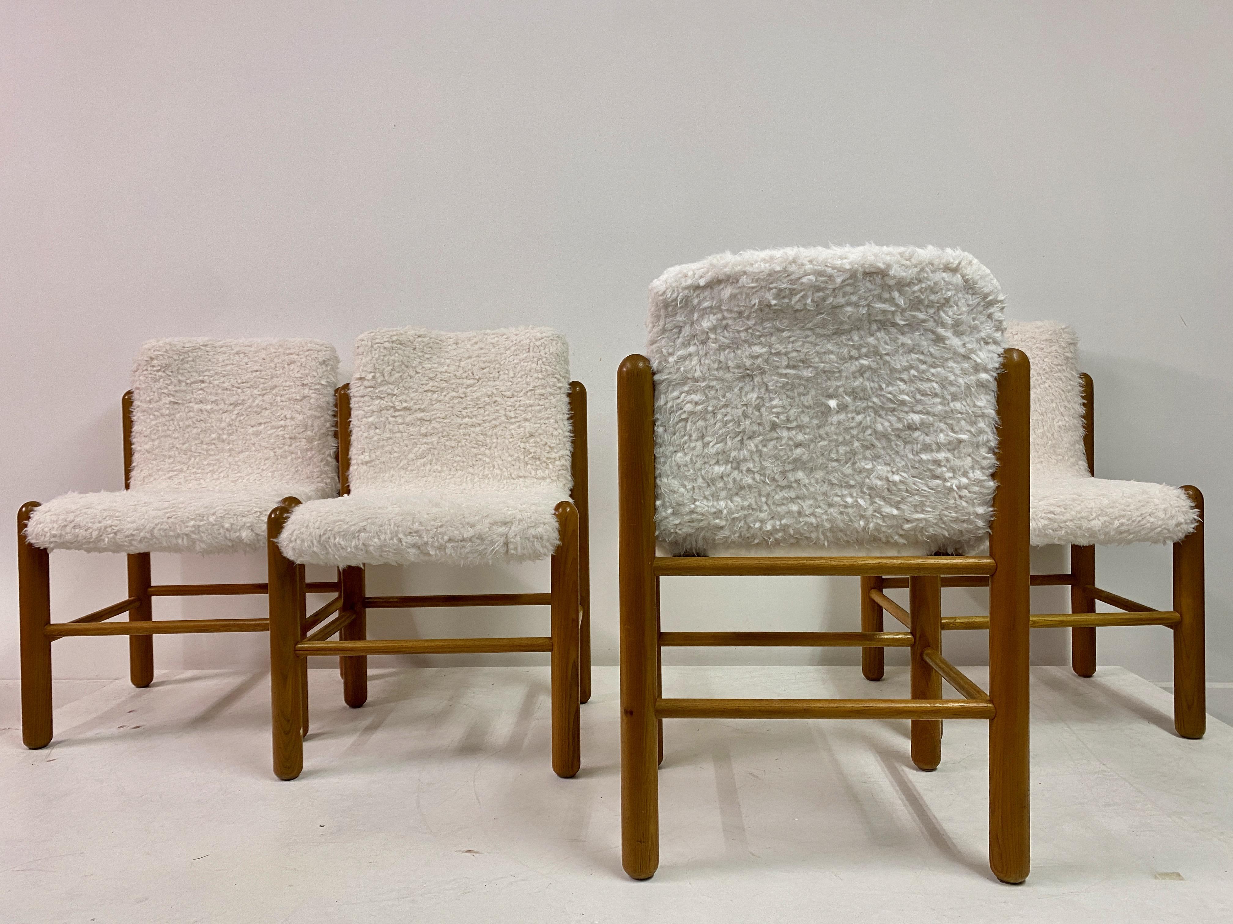 Set of Four 1970s Pine Dining Chairs with Faux Fur 4