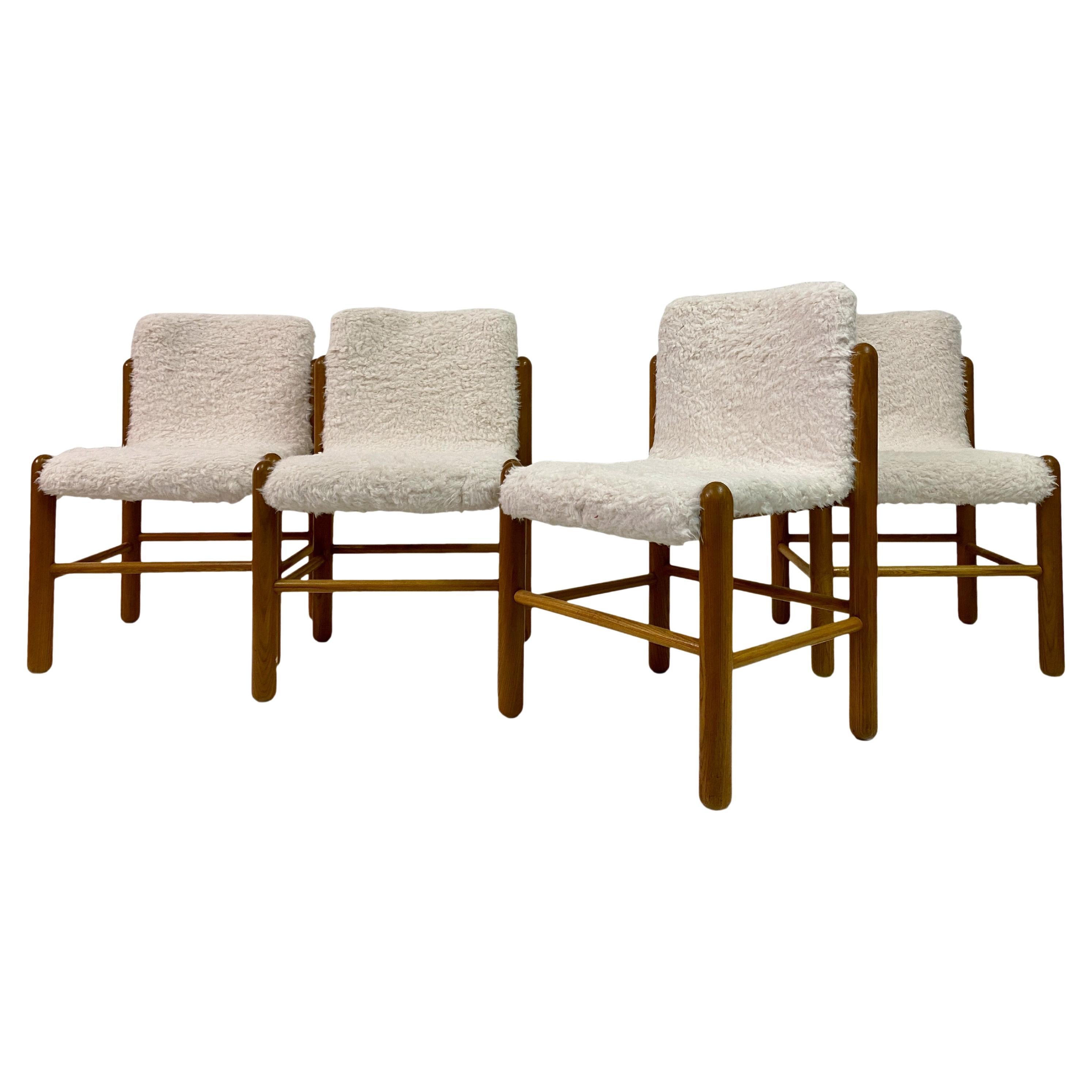 Set of Four 1970s Pine Dining Chairs with Faux Fur