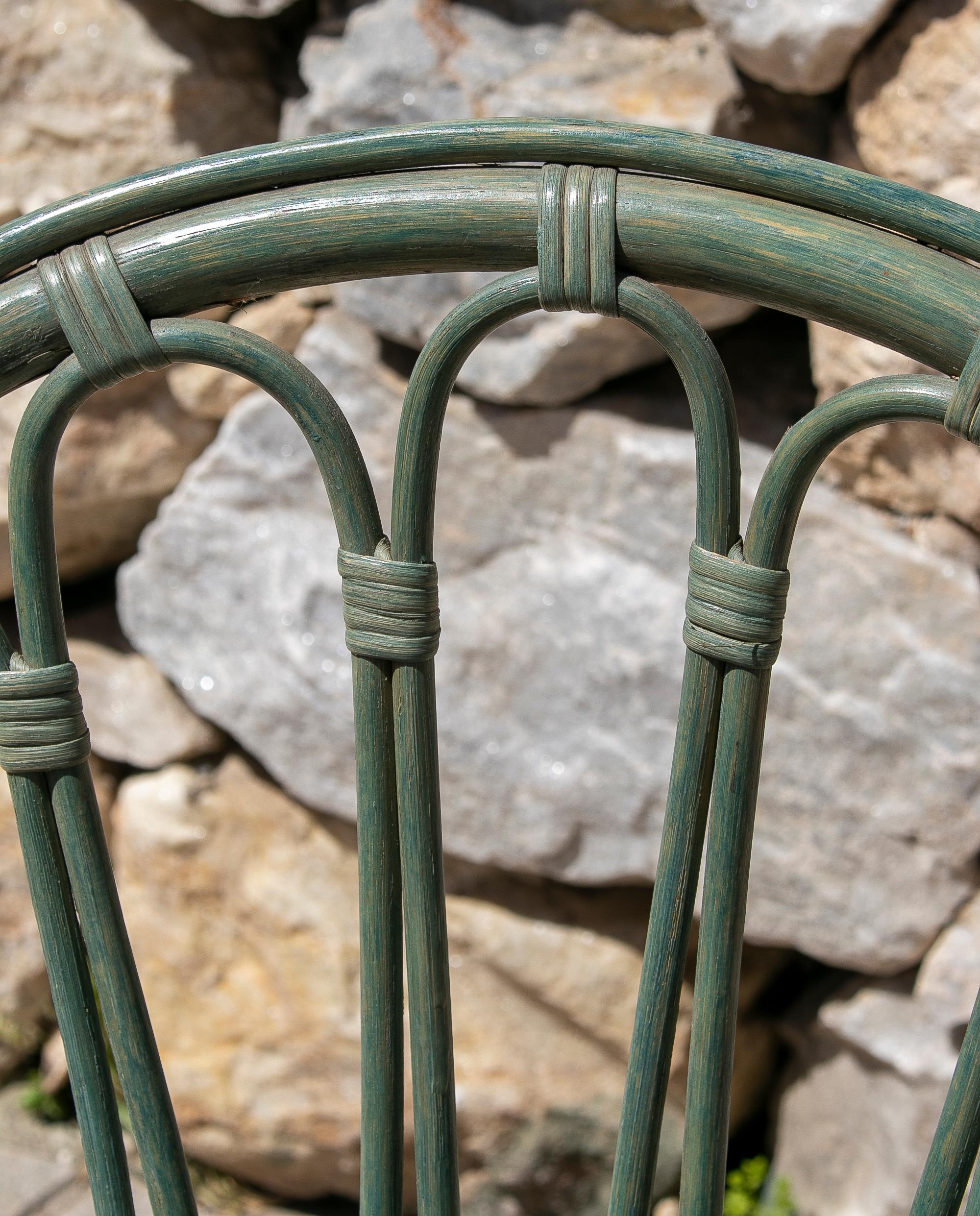 Set of Four 1970s Spanish Bamboo Green Armchairs For Sale 7