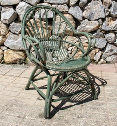 Set of Four 1970s Spanish Bamboo Green Armchairs