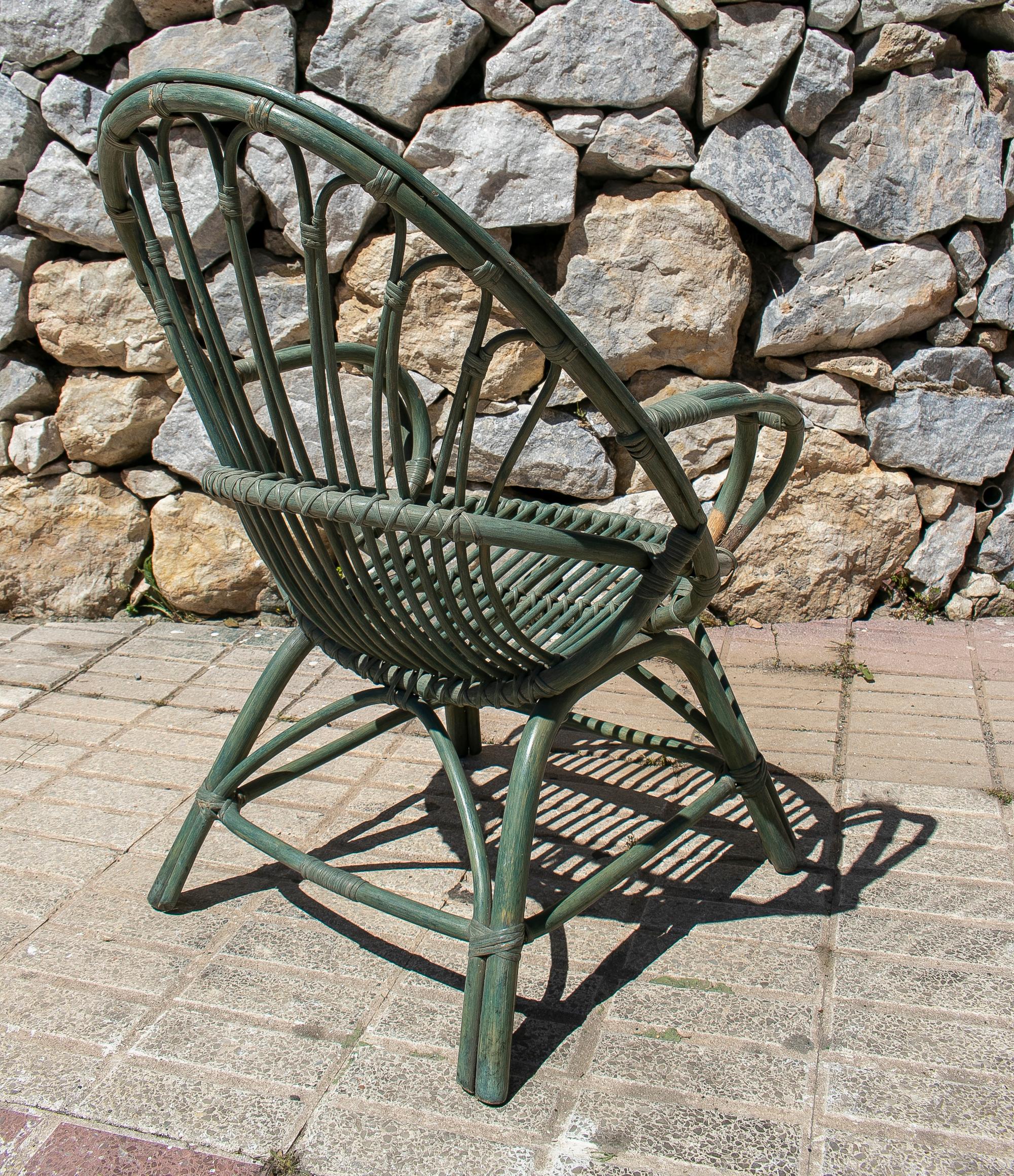 Set of Four 1970s Spanish Bamboo Green Armchairs For Sale 2