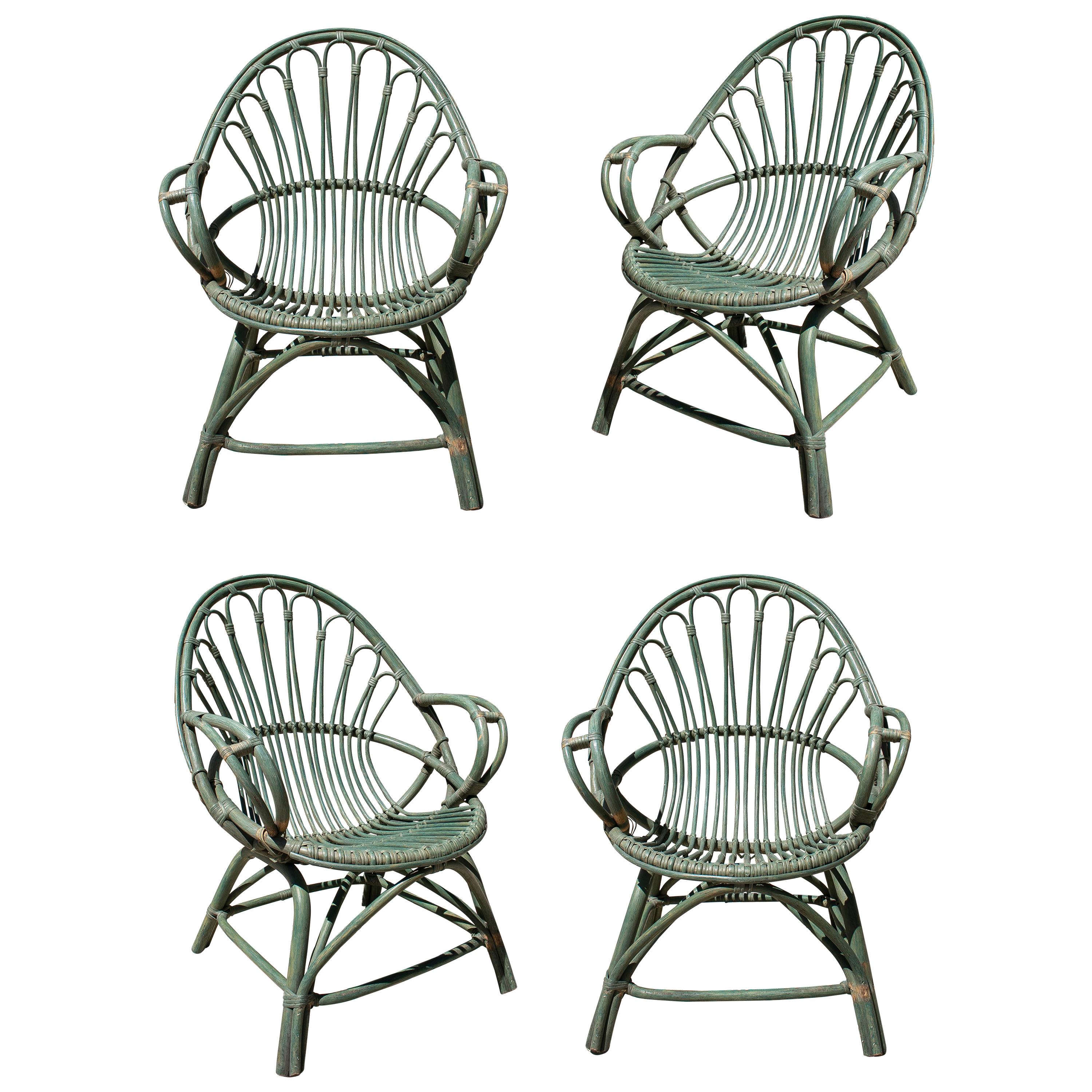 Set of Four 1970s Spanish Bamboo Green Armchairs For Sale