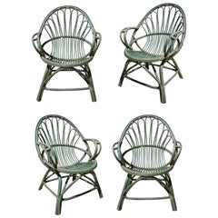 Set of Four 1970s Spanish Bamboo Green Armchairs