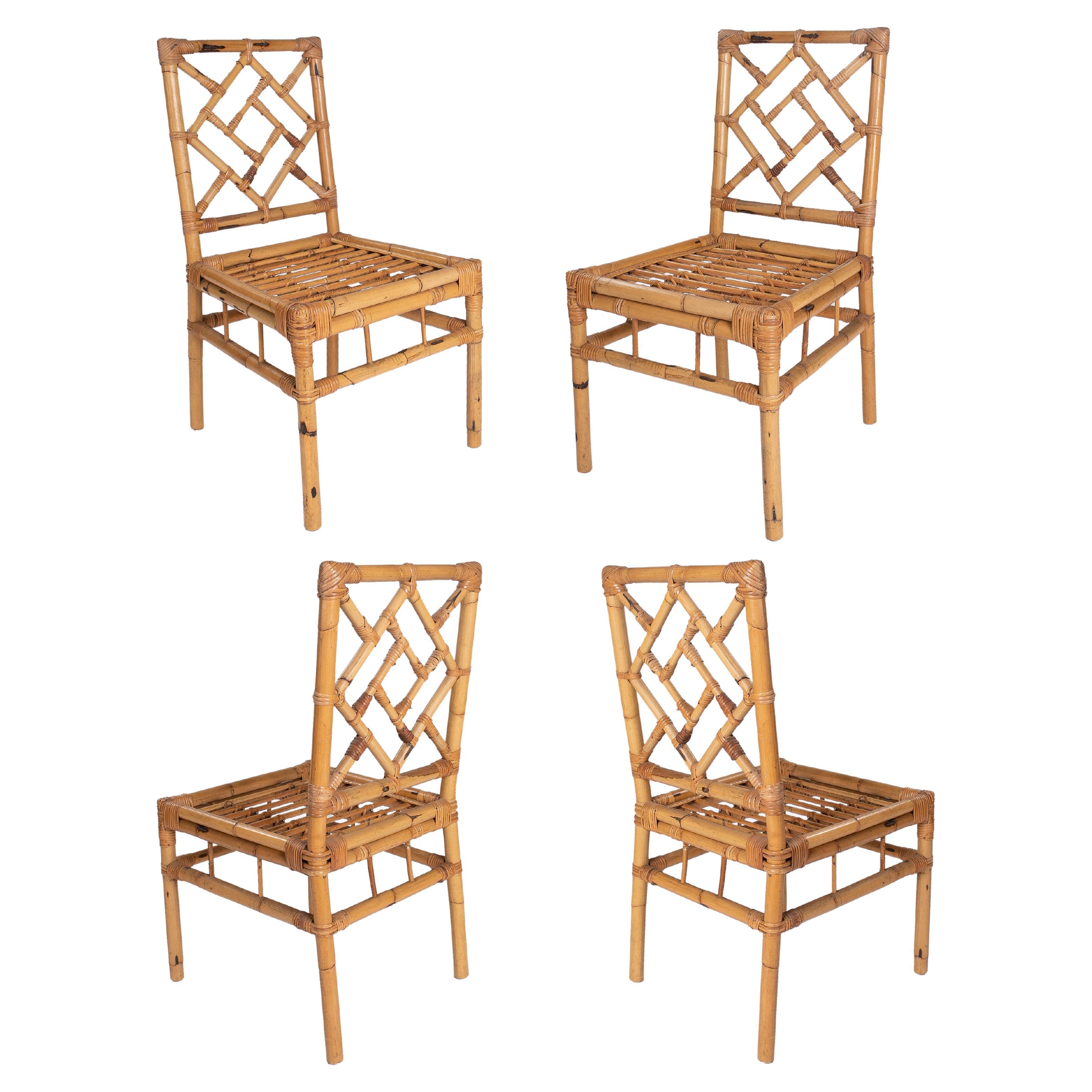 Set of Four 1970s Spanish Handcrafted Bamboo Chairs