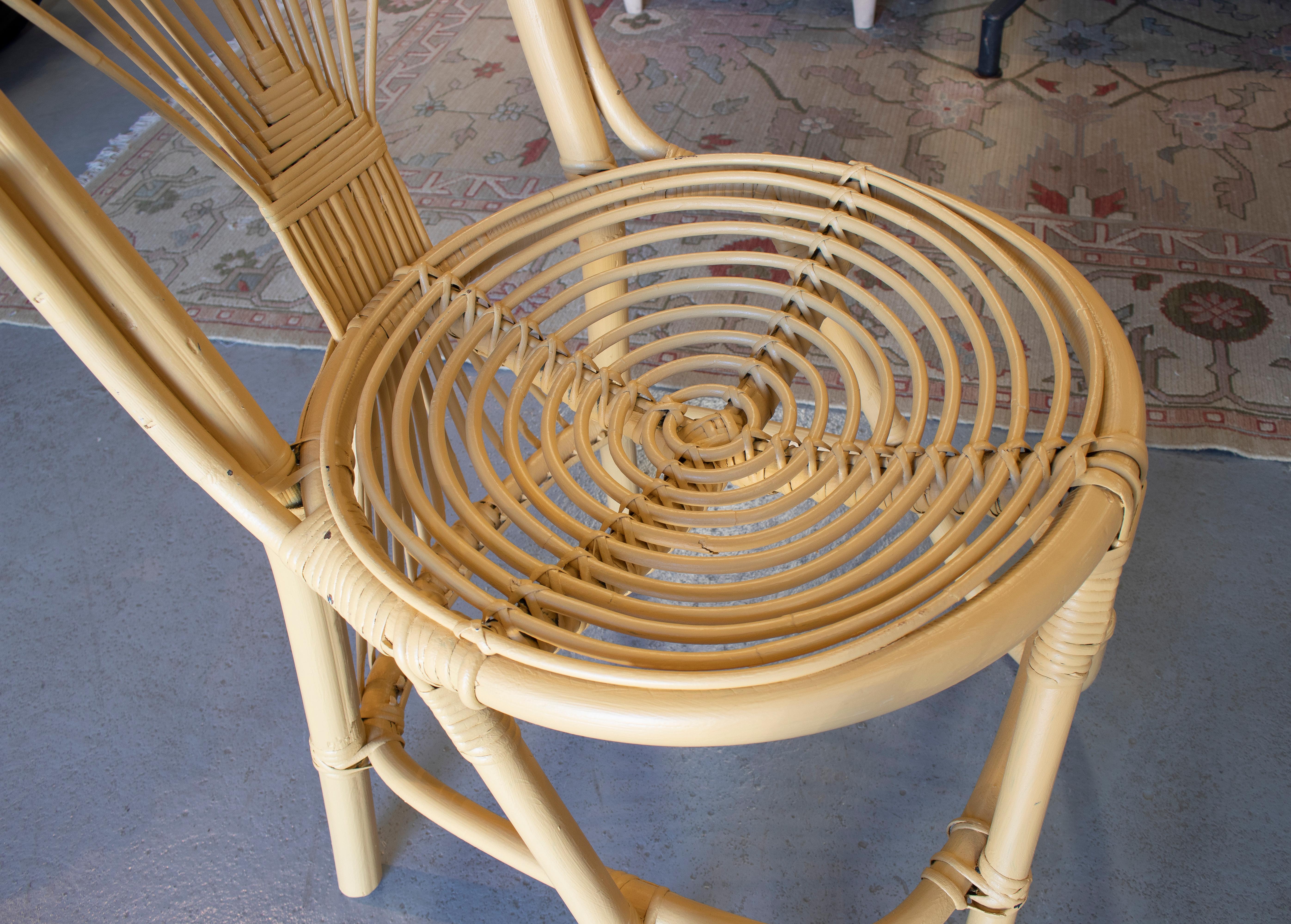 Set of Four 1970s Spanish Woven Bamboo Crema Chairs 6