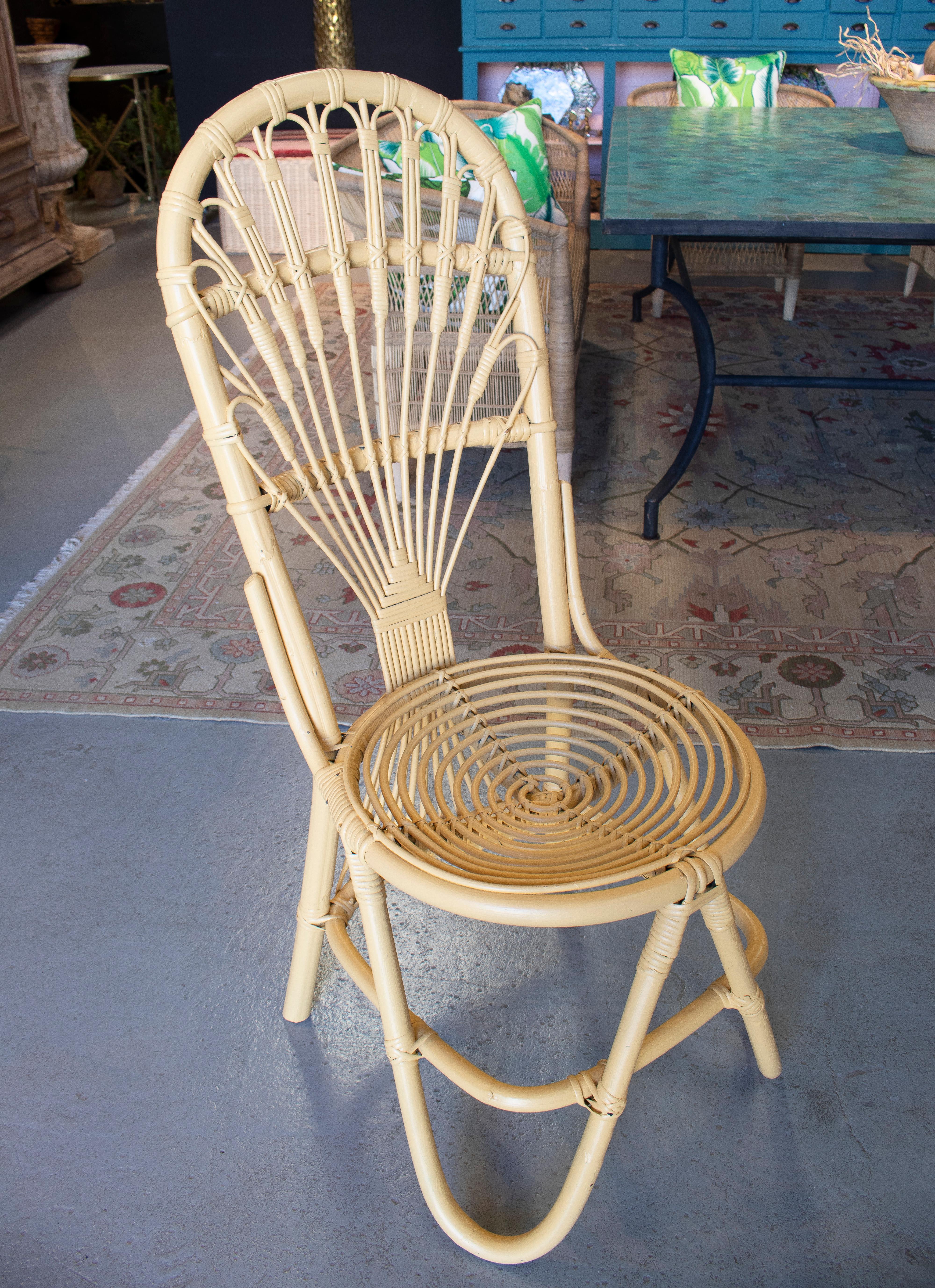 Set of Four 1970s Spanish Woven Bamboo Crema Chairs 3