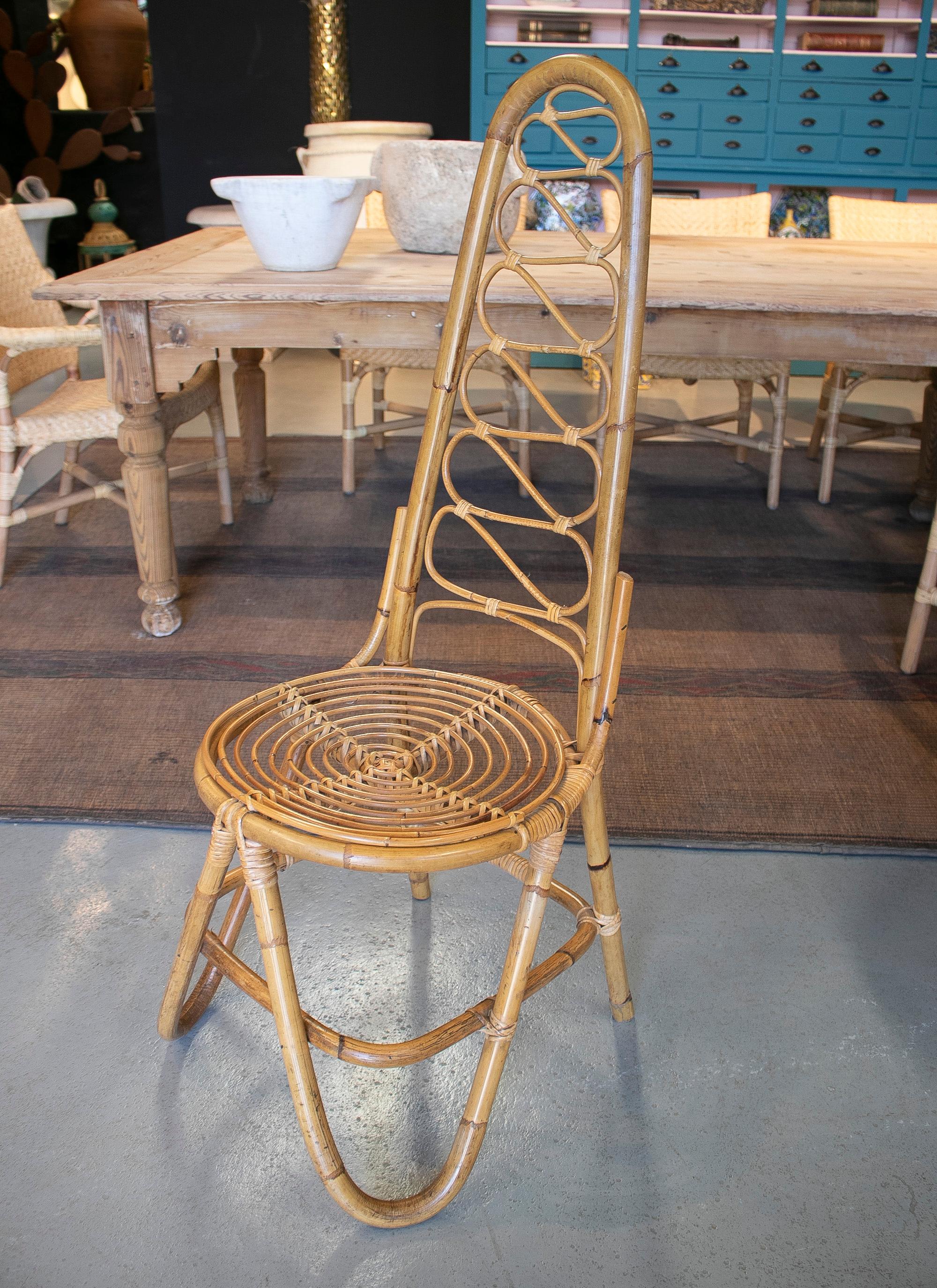 20th Century Set of Four 1970s Spanish Woven Bamboo High Back Chairs  For Sale
