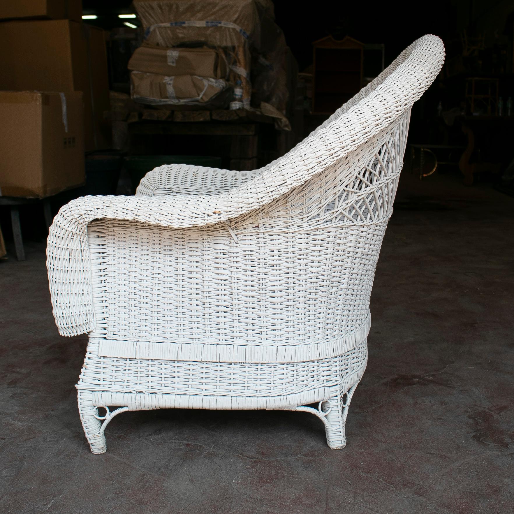 Set of Four 1970s Spanish Woven Wicker White Armchairs For Sale 1