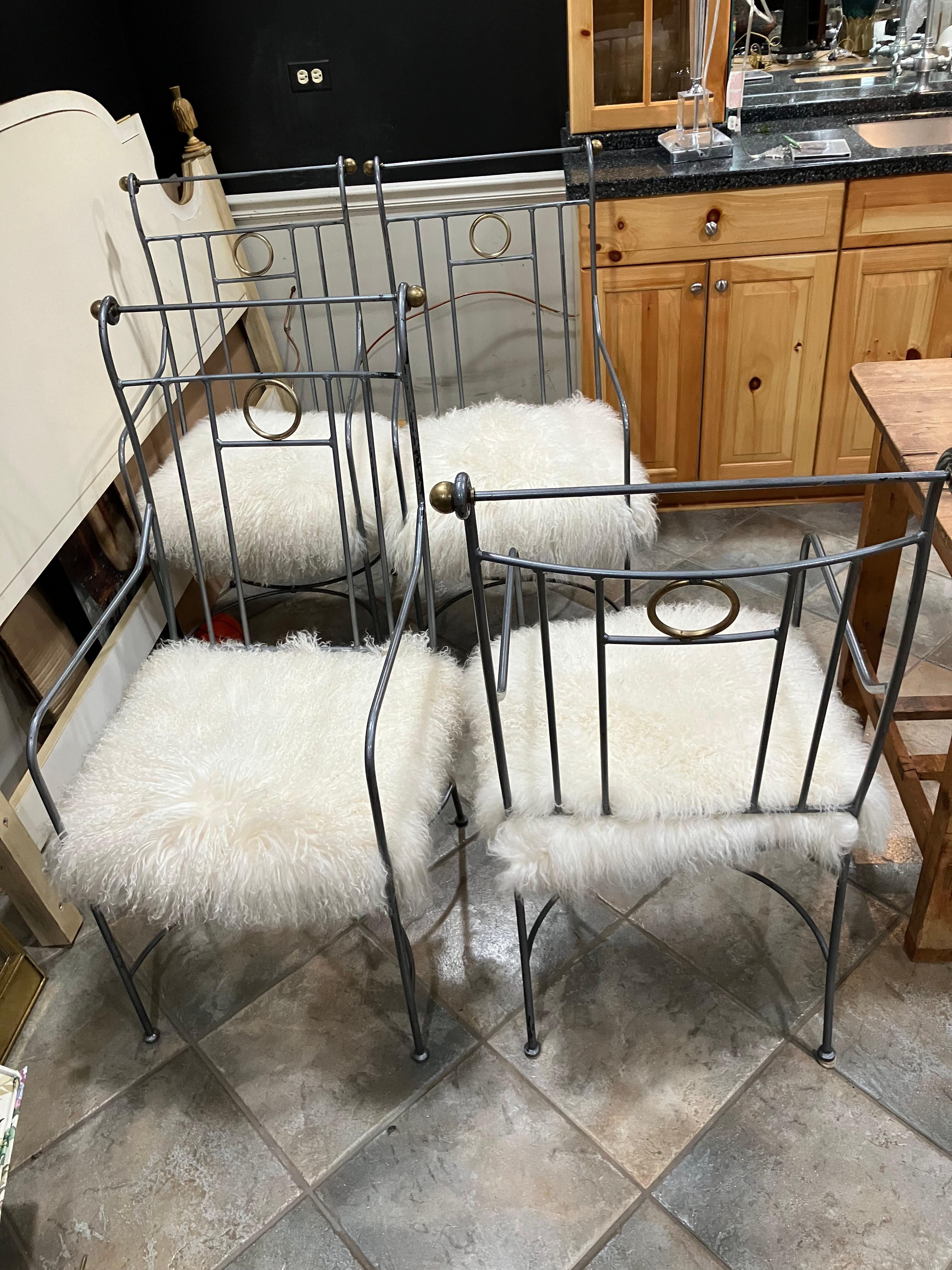 Set of Four 1980s American Metal Chairs With Custom Sheepskin Slipcovers In Good Condition For Sale In Winnetka, IL