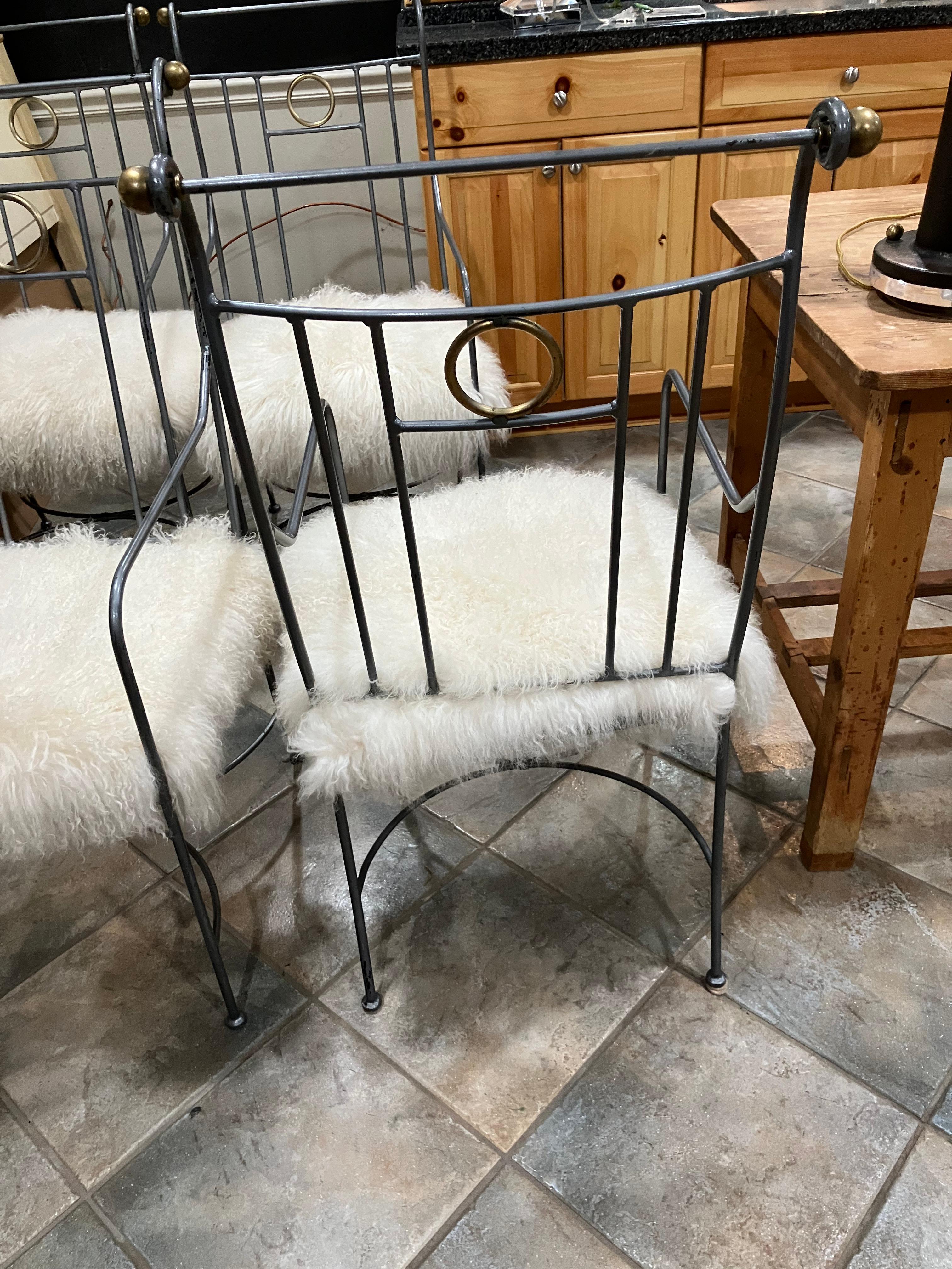 Set of Four 1980s American Metal Chairs With Custom Sheepskin Slipcovers For Sale 1