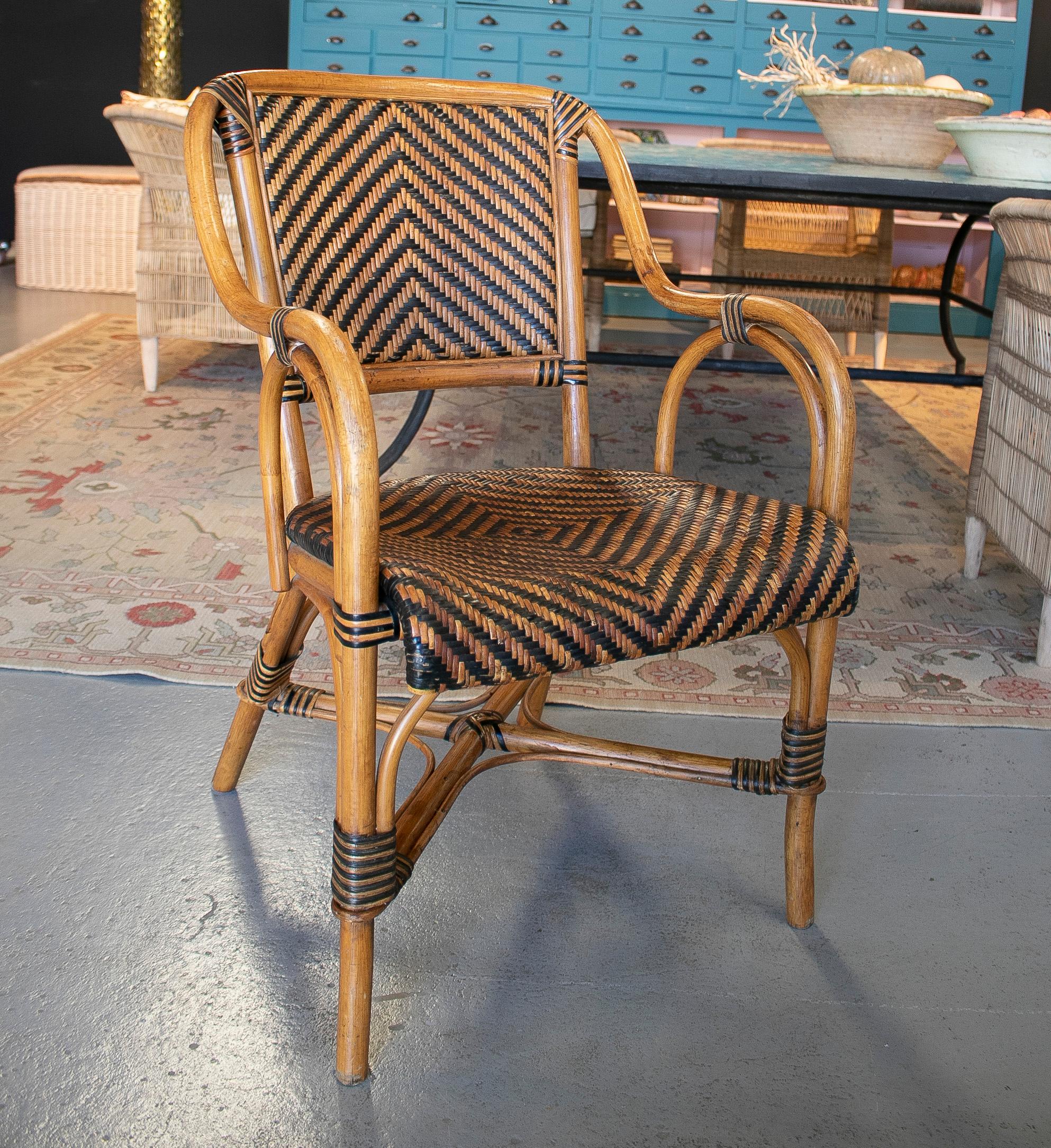 Set of eight vintage 1980s Spanish woven wicker and bamboo armchairs.
