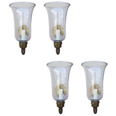 Set of Four 19th-20th Century Brass Sconces with Hand Blown Globes