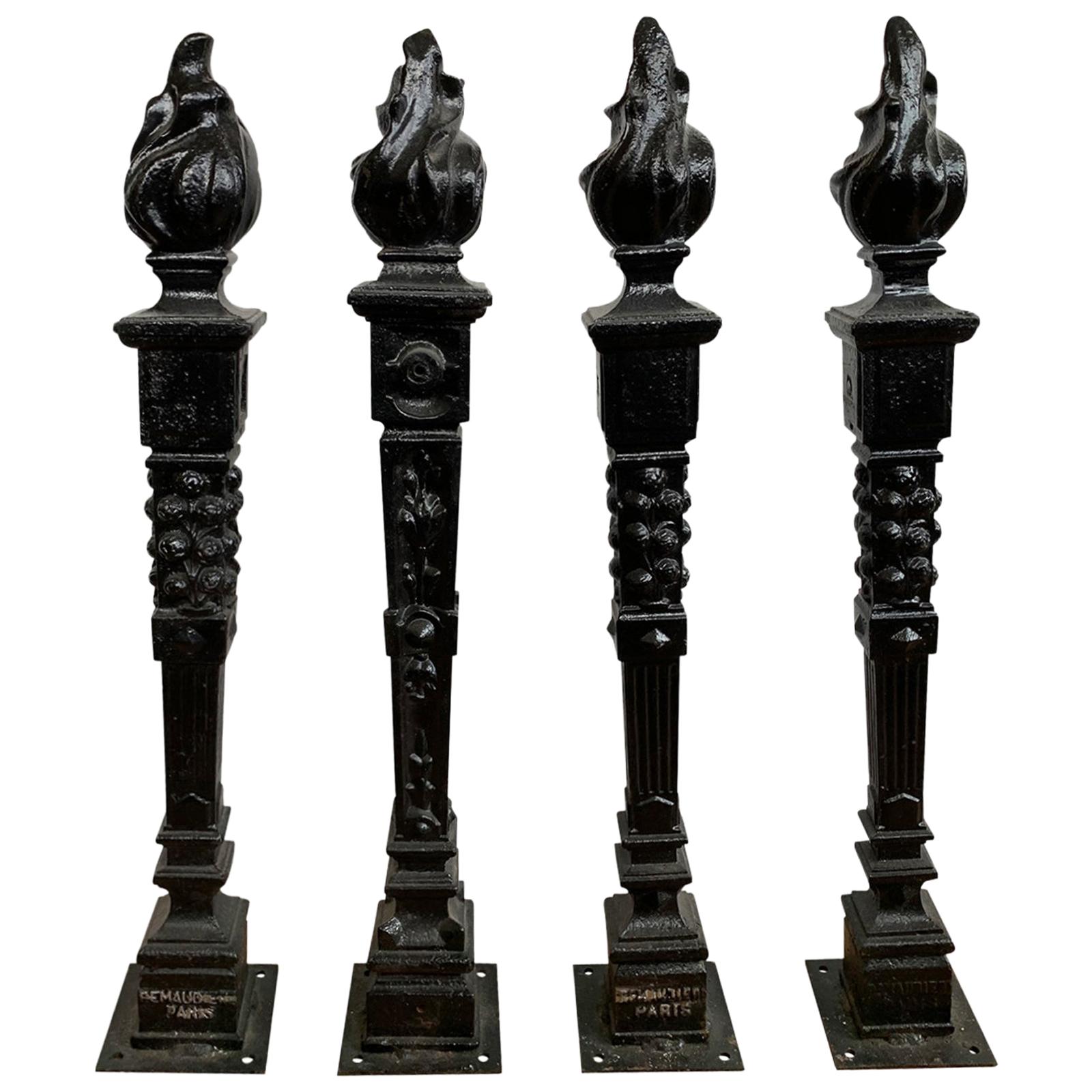 Set of Four 19th-20th Century French Tapered Iron Finials with Flame, Marked For Sale