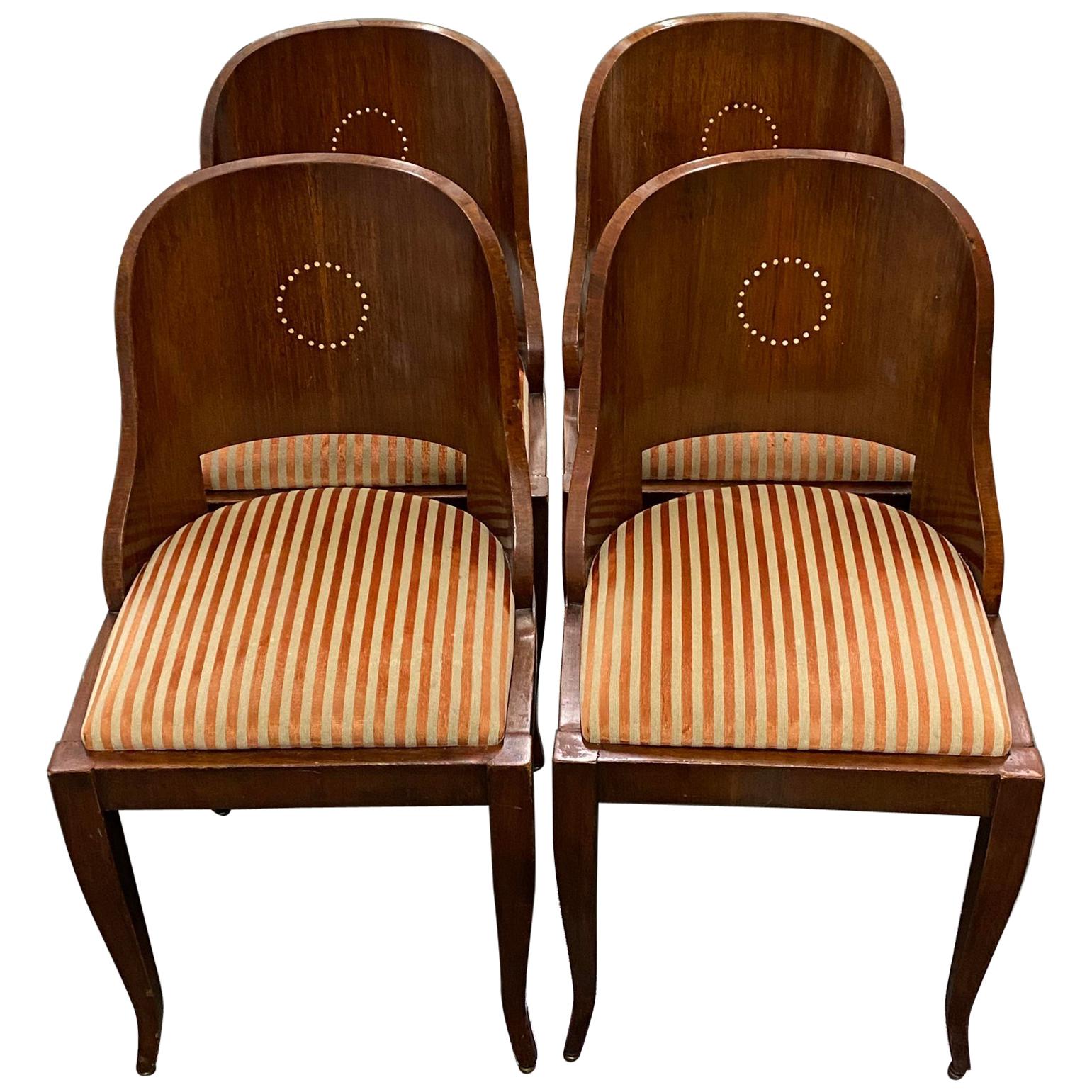 Set of Four American Empire "Gondola" Style Dining Chairs with Inlay