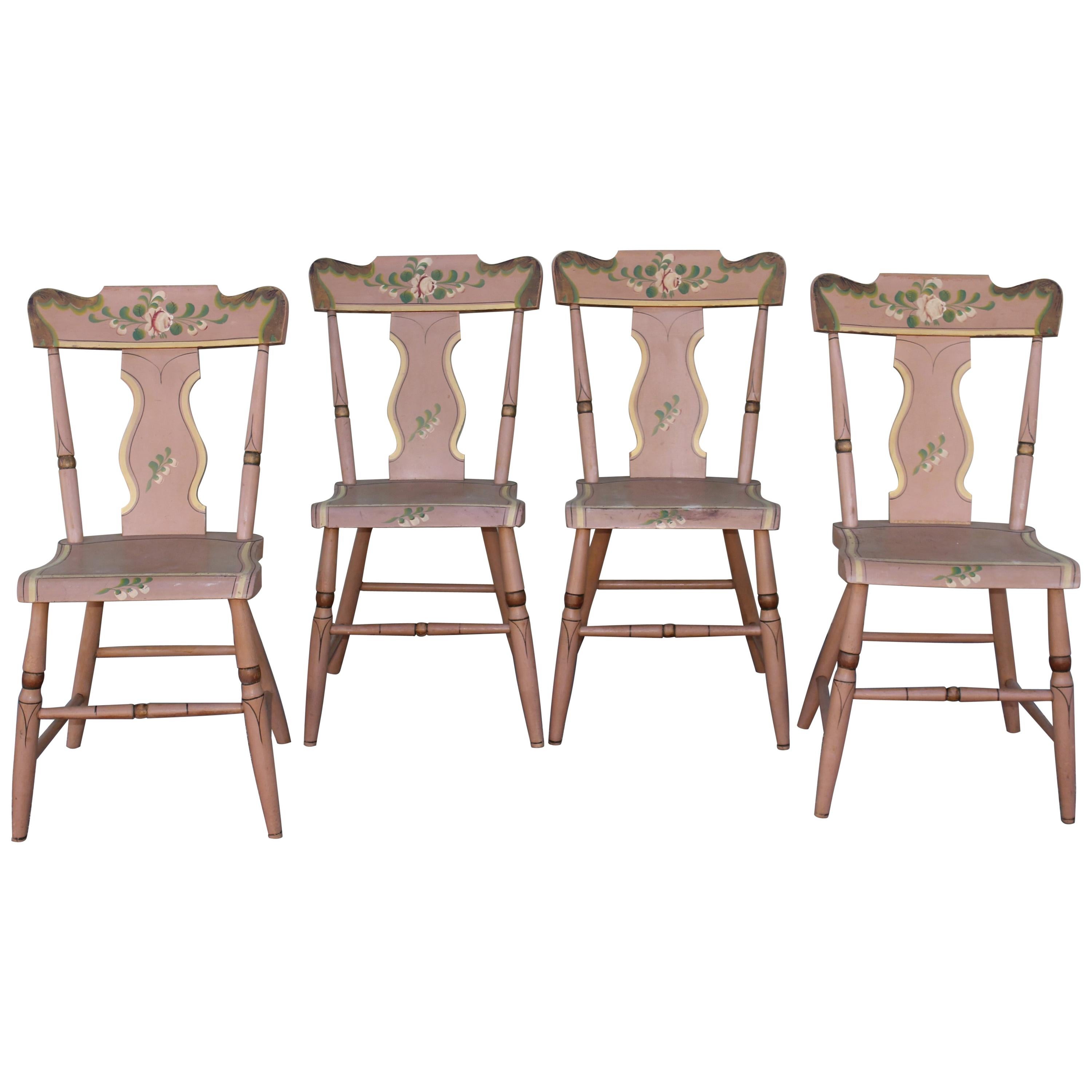 Set of Four 19th C Original Painted Pennsylvania Plank Bottom Chairs For Sale