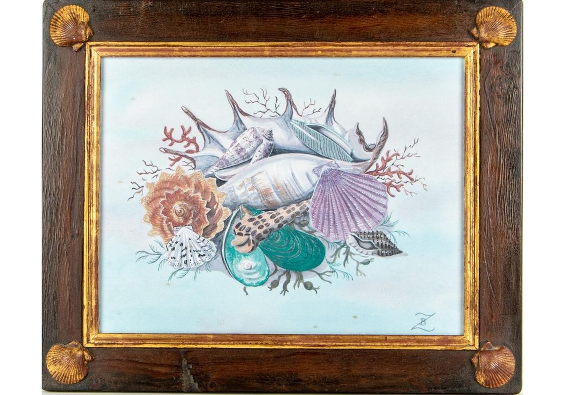 Each monogrammed BZ. Set of four pastel watercolors of various types of shells and seaweed. Two on a white ground, and two on grounds with blue wash. One with blue ground with foxing spots. Custom framed in wood with gilt shells in relief in the