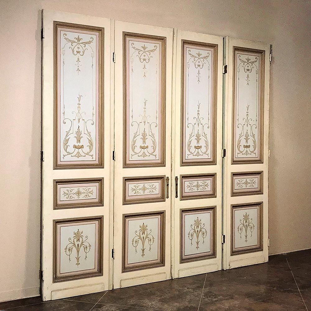 Set of four 19th century Art Nouveau period hand painted French doors are ideal for finishing out a room, whether one needs actual doors, or wishes to create an interesting visual effect as static panels, or perhaps using as room dividers. Even the