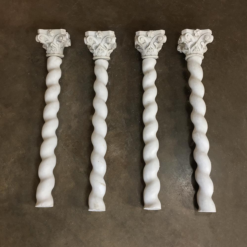 Set of four 19th century cararra marble columns with byzantine capitals are ideal for setting a special architectural framework or ballustrade, or as artworks unto themselves! Hand-carved from the marble most priced by Michaelangelo himself, each