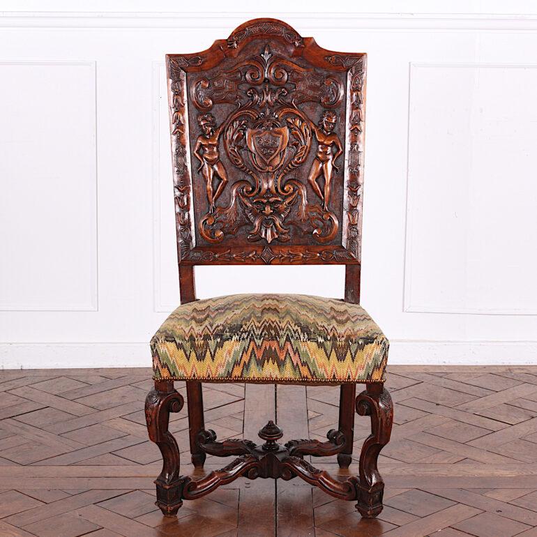Renaissance Revival Set of Four 19th Century Carved Walnut Italian Chairs
