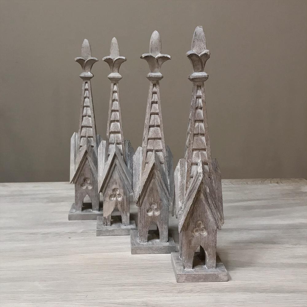 French Set of Four 19th Century Carved Wood Gothic Spires