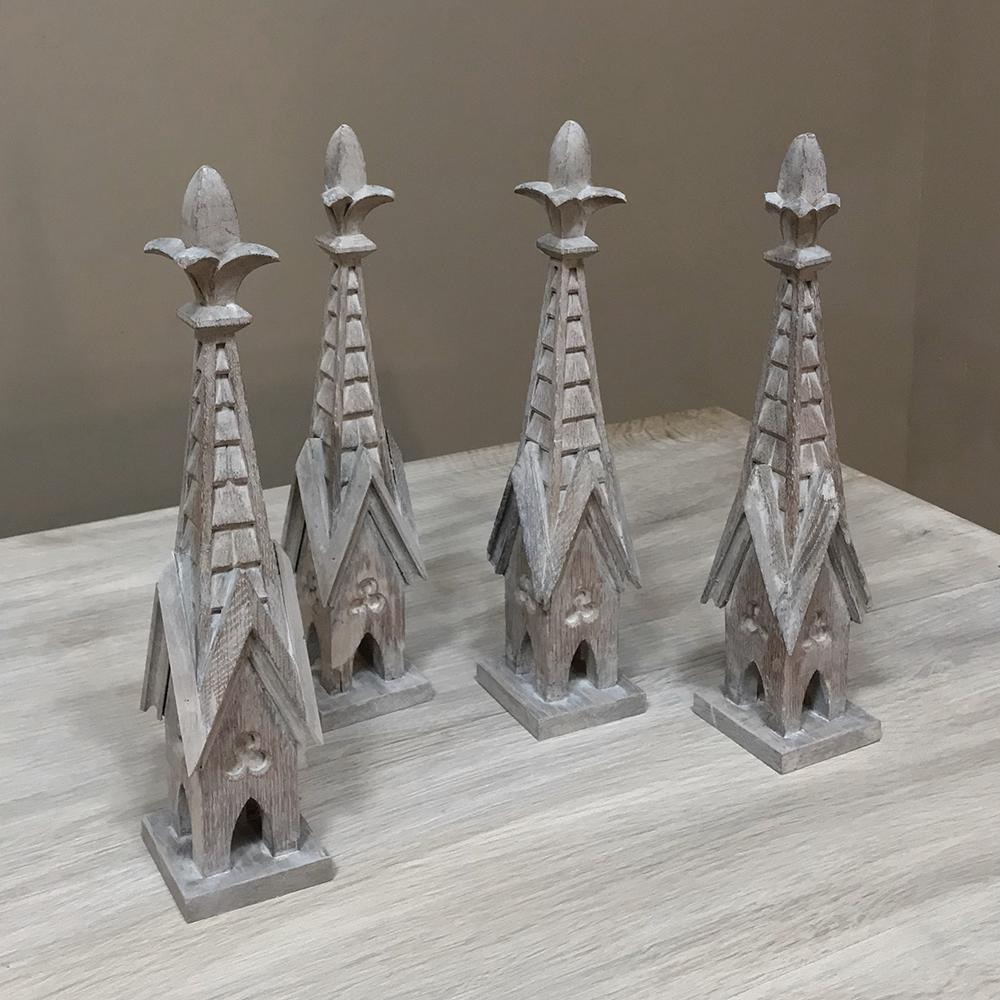 Hand-Carved Set of Four 19th Century Carved Wood Gothic Spires