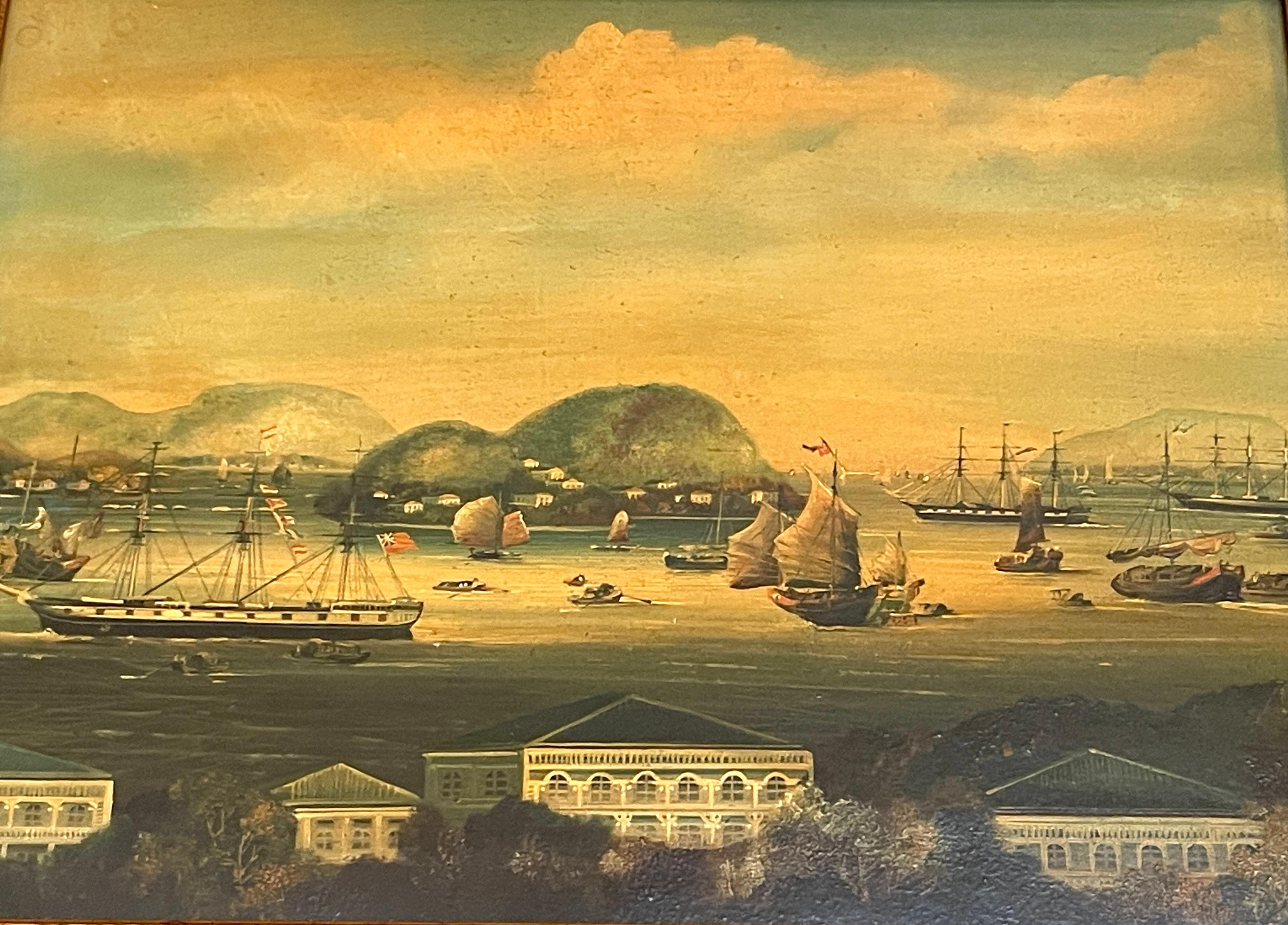 Satz von vier chinesischen Exportgemälden des 19. Jahrhunderts mit Hafen- und Seelandschaft   im Angebot 4