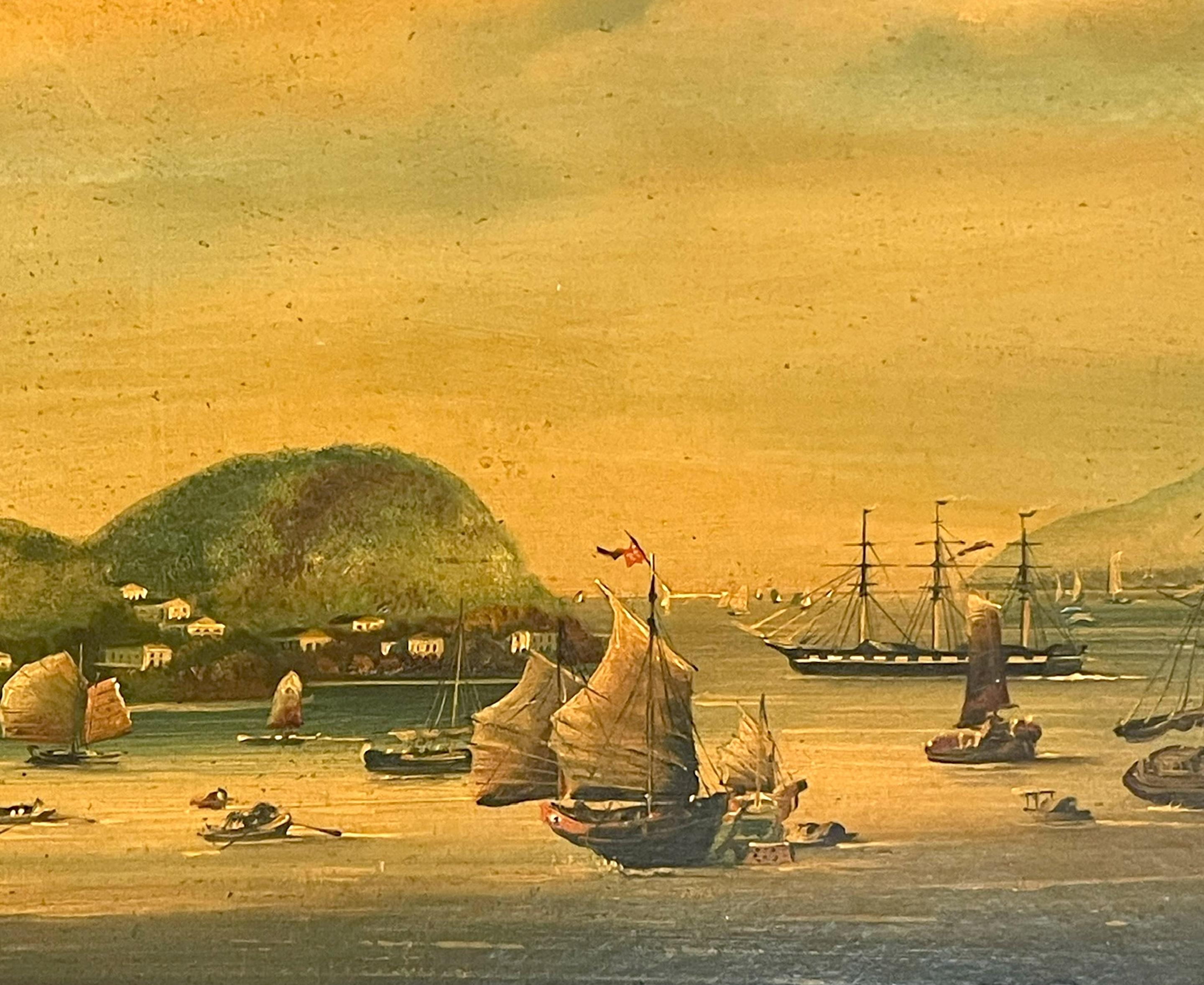 Satz von vier chinesischen Exportgemälden des 19. Jahrhunderts mit Hafen- und Seelandschaft   im Angebot 6