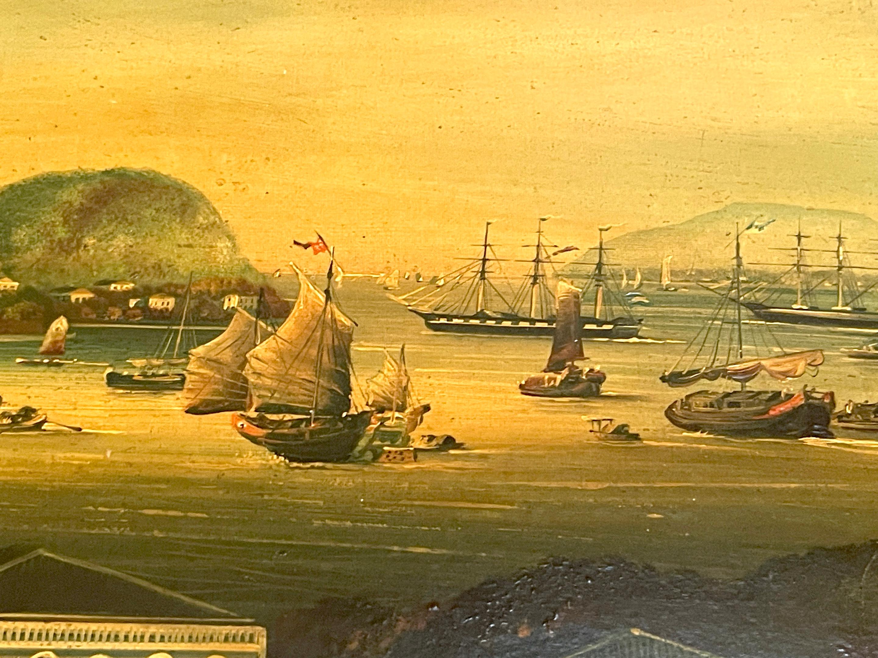Satz von vier chinesischen Exportgemälden des 19. Jahrhunderts mit Hafen- und Seelandschaft   im Angebot 7